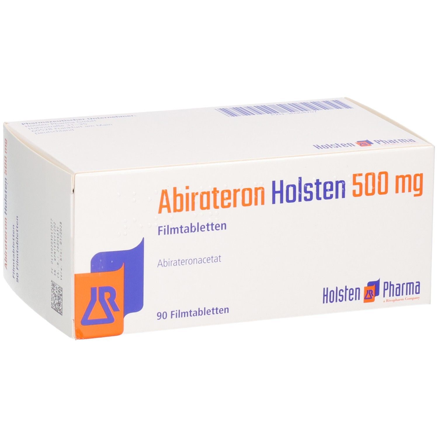 Schachtel Abirateron Holsten 500 mg Filmtabletten, 90 Stück, mit seitlichem Logo.