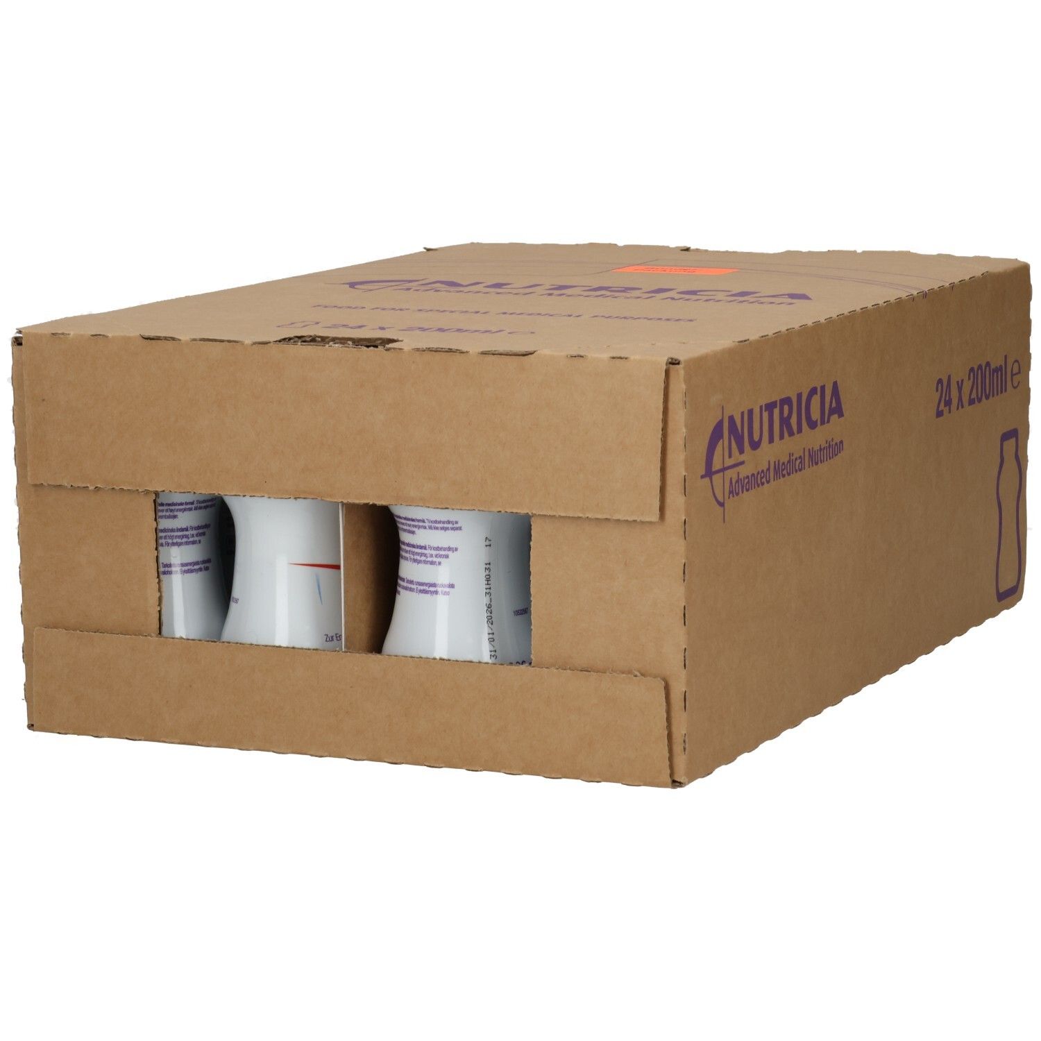 Karton mit 24 x 200ml Flaschen Nutricia Advanced Medical Nutrition, Seitenansicht.