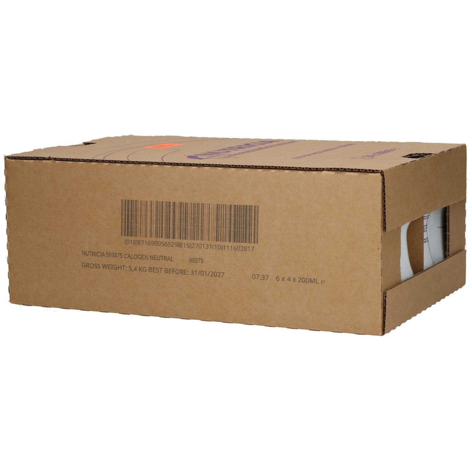 Rückseite eines Kartons mit 24 x 200ml Flaschen Nutricia Advanced Medical Nutrition.