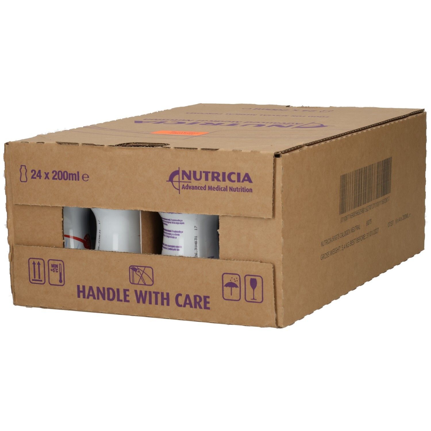 Karton mit 24 x 200ml Flaschen Nutricia Advanced Medical Nutrition, mit Handhabungssymbolen.