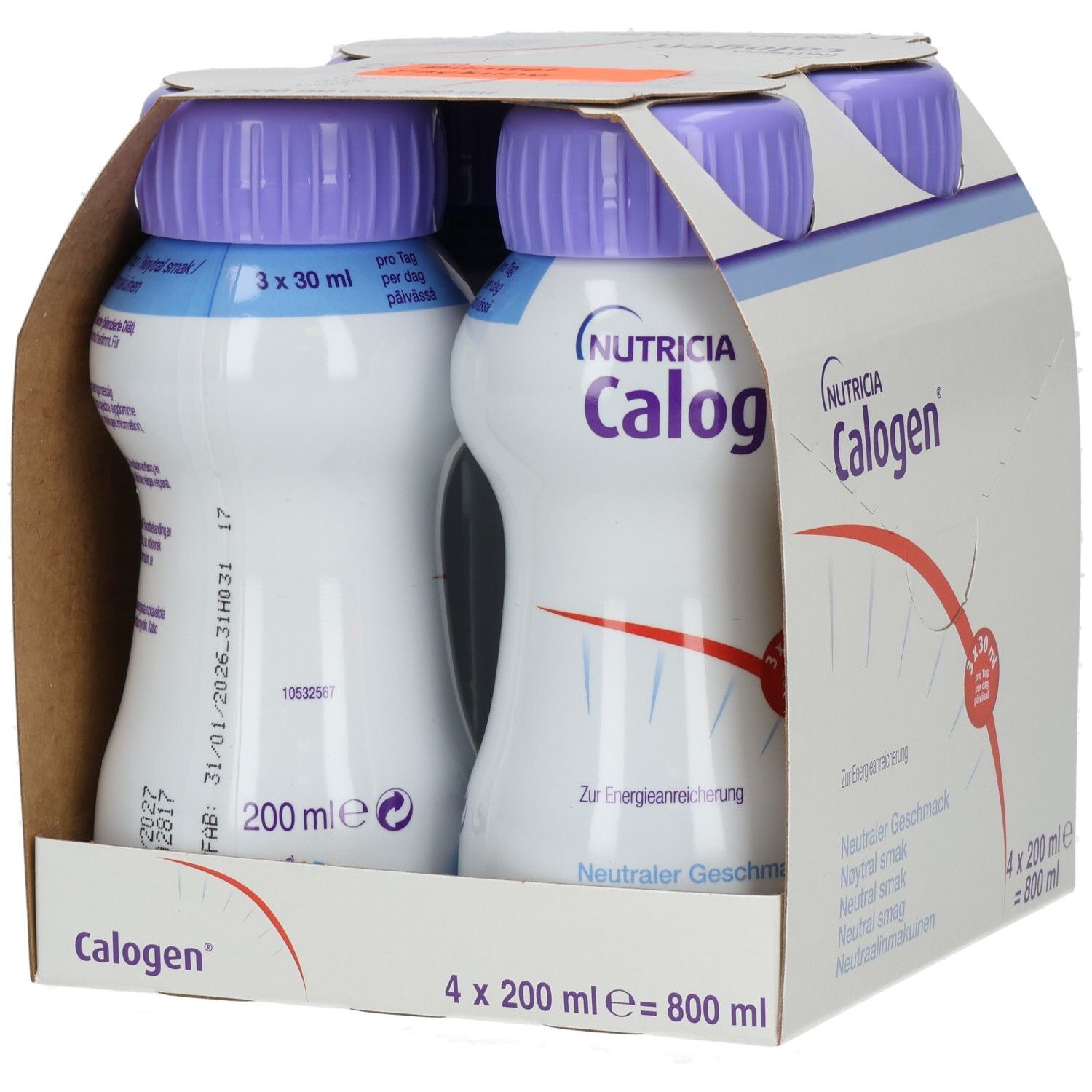 CALOGEN Neutralgeschmack Emulsion: 4x 200 ml Flaschen, Vorderansicht in Kartonverpackung.