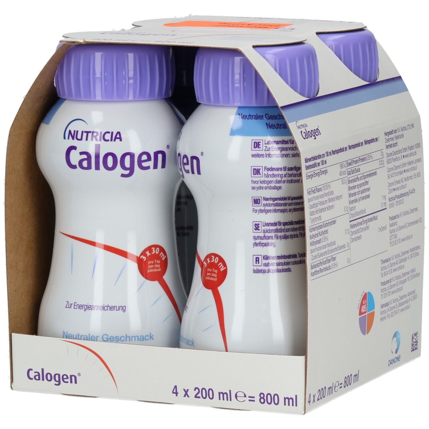 CALOGEN Neutralgeschmack Emulsion: Seitenansicht der Verpackung mit 4x 200 ml Flaschen.