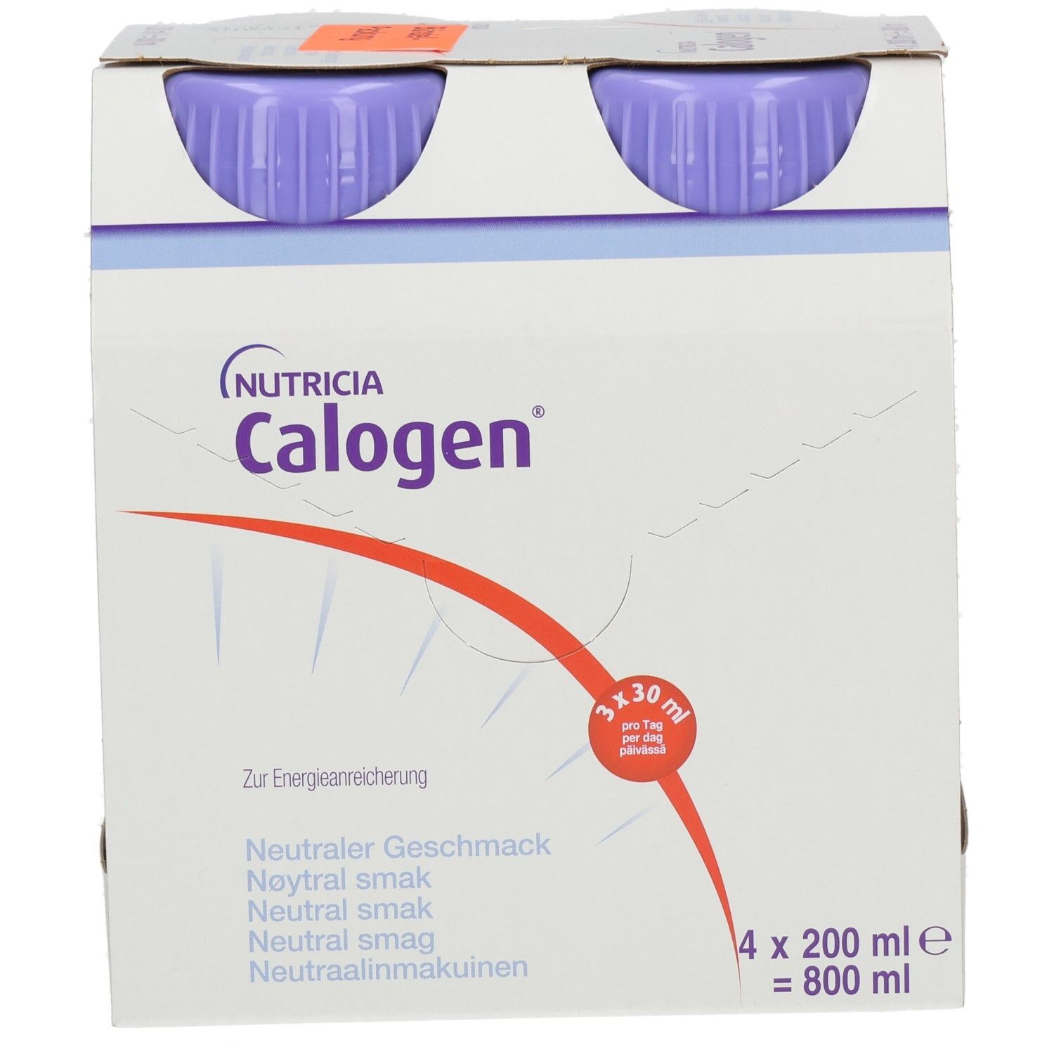 CALOGEN Neutralgeschmack Emulsion: Verpackung mit 4x 200 ml Flaschen, Fokus auf Vorderseite.
