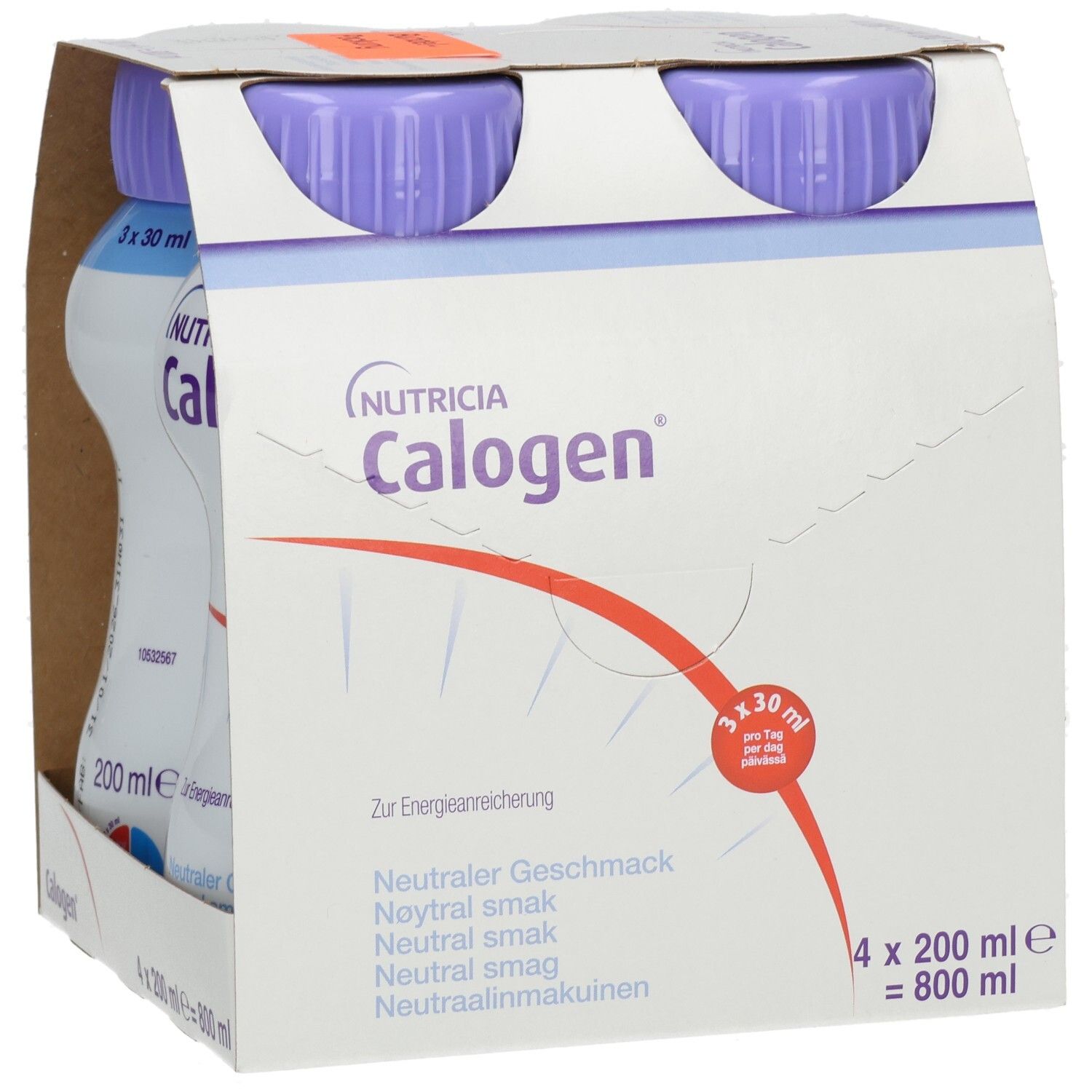 CALOGEN Neutralgeschmack Emulsion: Kartonverpackung mit 4x 200 ml Flaschen, Nahaufnahme.