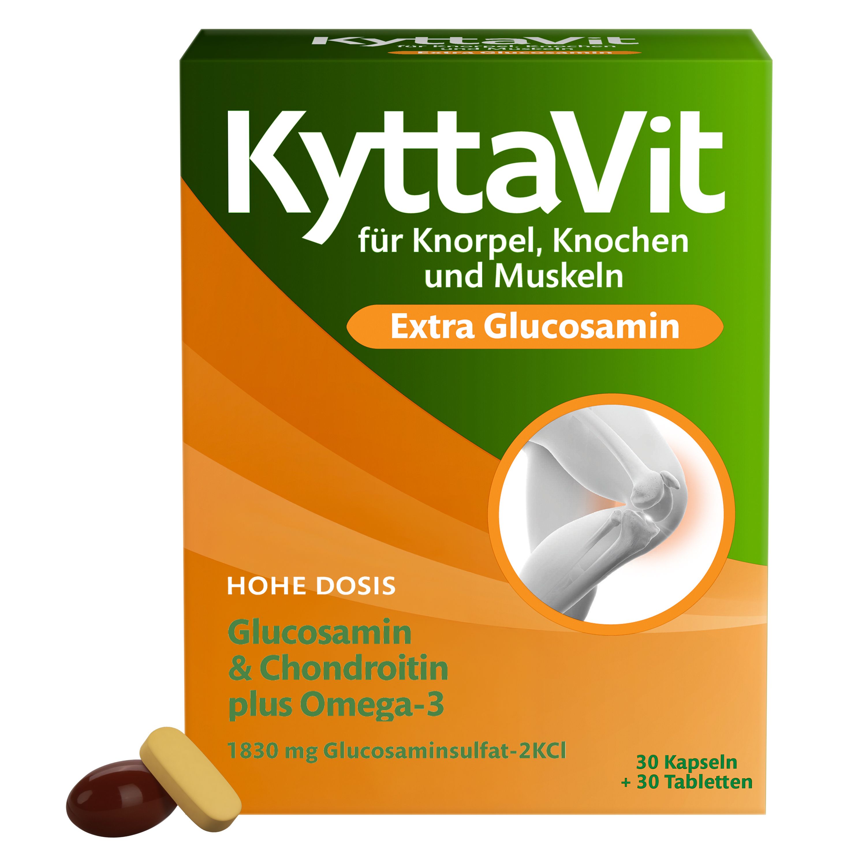Verpackung von KyttaVit für Knorpel, Knochen und Muskeln mit Extra Glucosamin. Enthält Kapseln und Tabletten.