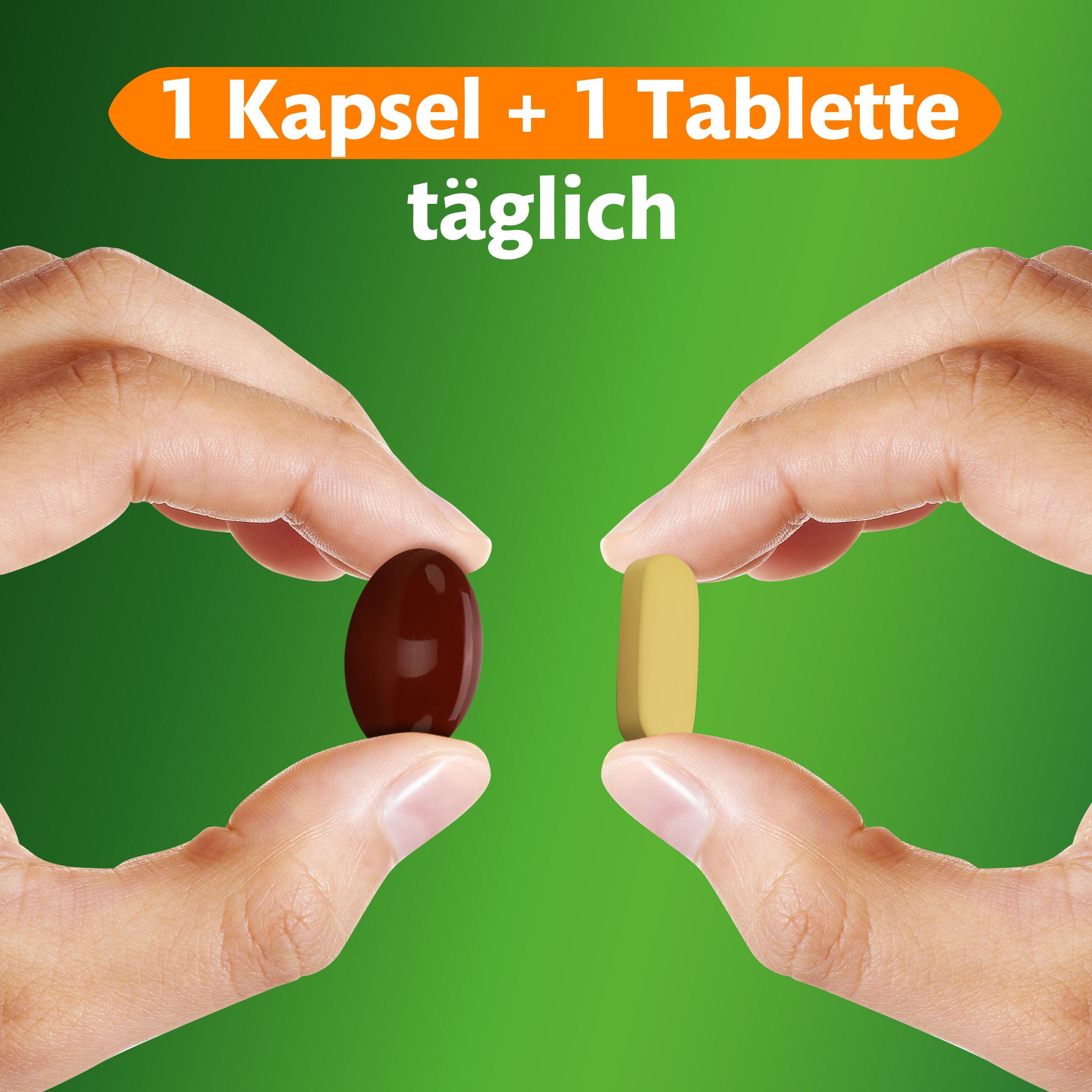 Hände halten jeweils eine Kapsel und eine Tablette, die täglich eingenommen werden.