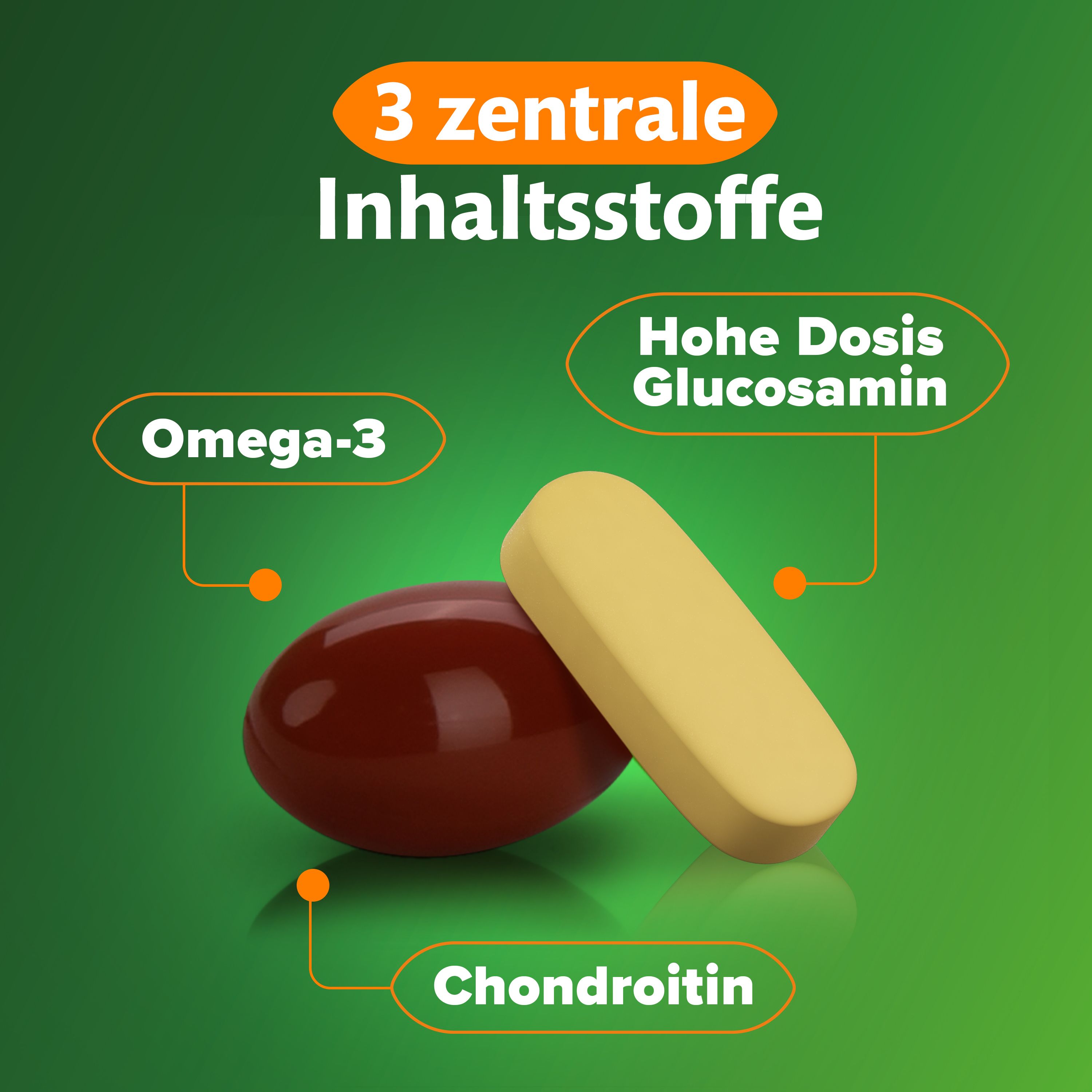 Eine braune Kapsel und eine gelbe Tablette, die Hauptinhaltsstoffe Omega-3, Glucosamin und Chondroitin darstellen.