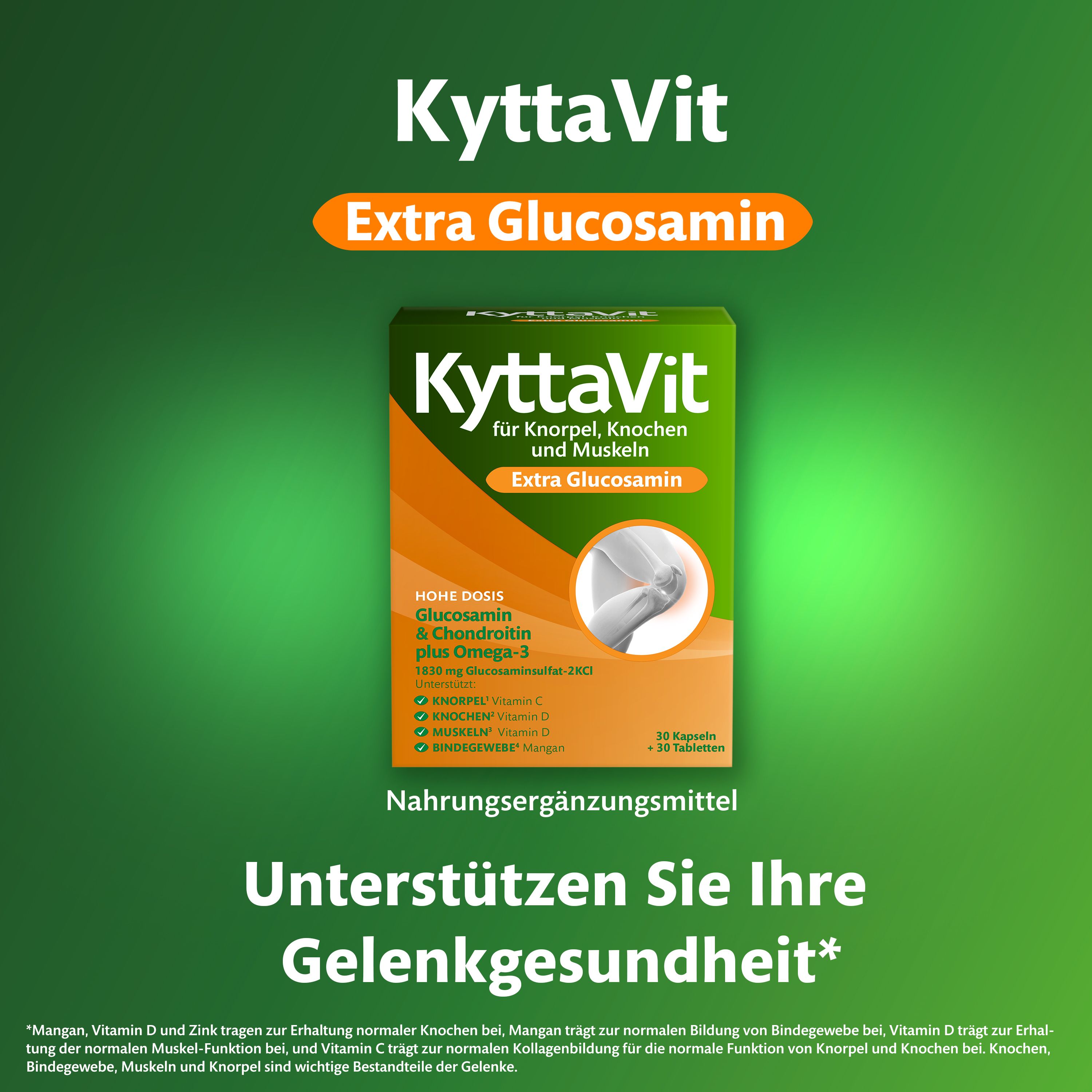 Produktverpackung KyttaVit für Knorpel, Knochen und Muskeln. Unterstützt die Gelenkgesundheit.