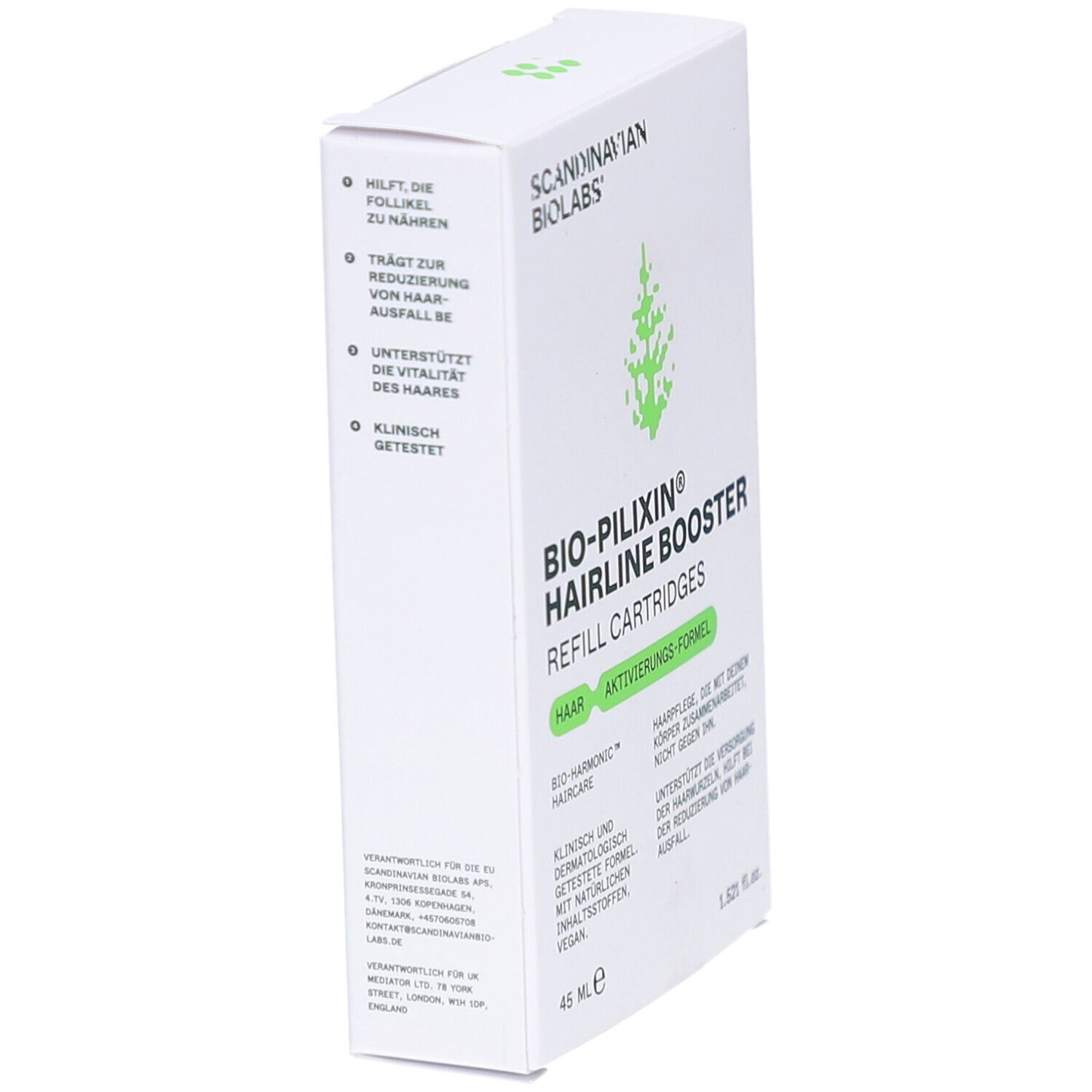 Weißer Karton, BIO-PILIXIN Hairline Booster. Logo Scandinavian Biolabs. Text: Hilft die Follikel zu nähren, reduziert Haarausfall, unterstützt Vitalität.