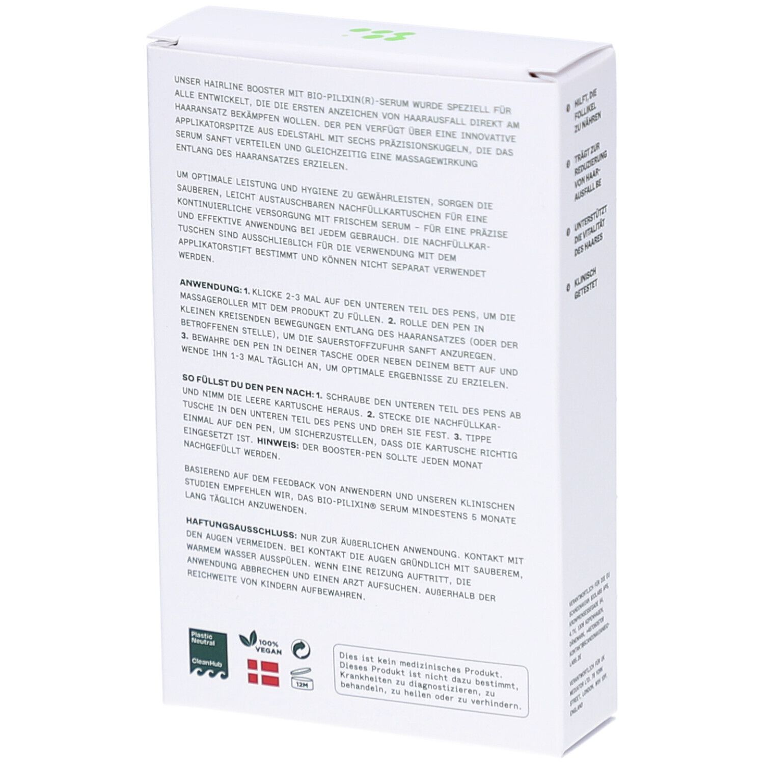 Rückseite der BIO-PILIXIN Hairline Booster Refill Cartridges Verpackung. Text über Anwendung und Inhaltsstoffe. Vegan-Siegel.