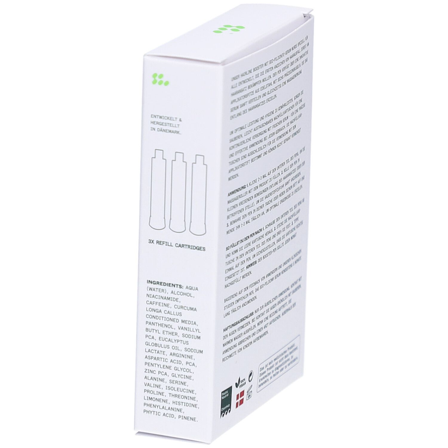 BIO-PILIXIN Hairline Booster Refill Cartridges Verpackung. Enthält 3 Refill Cartridges. Inhaltsstoffe aufgelistet.