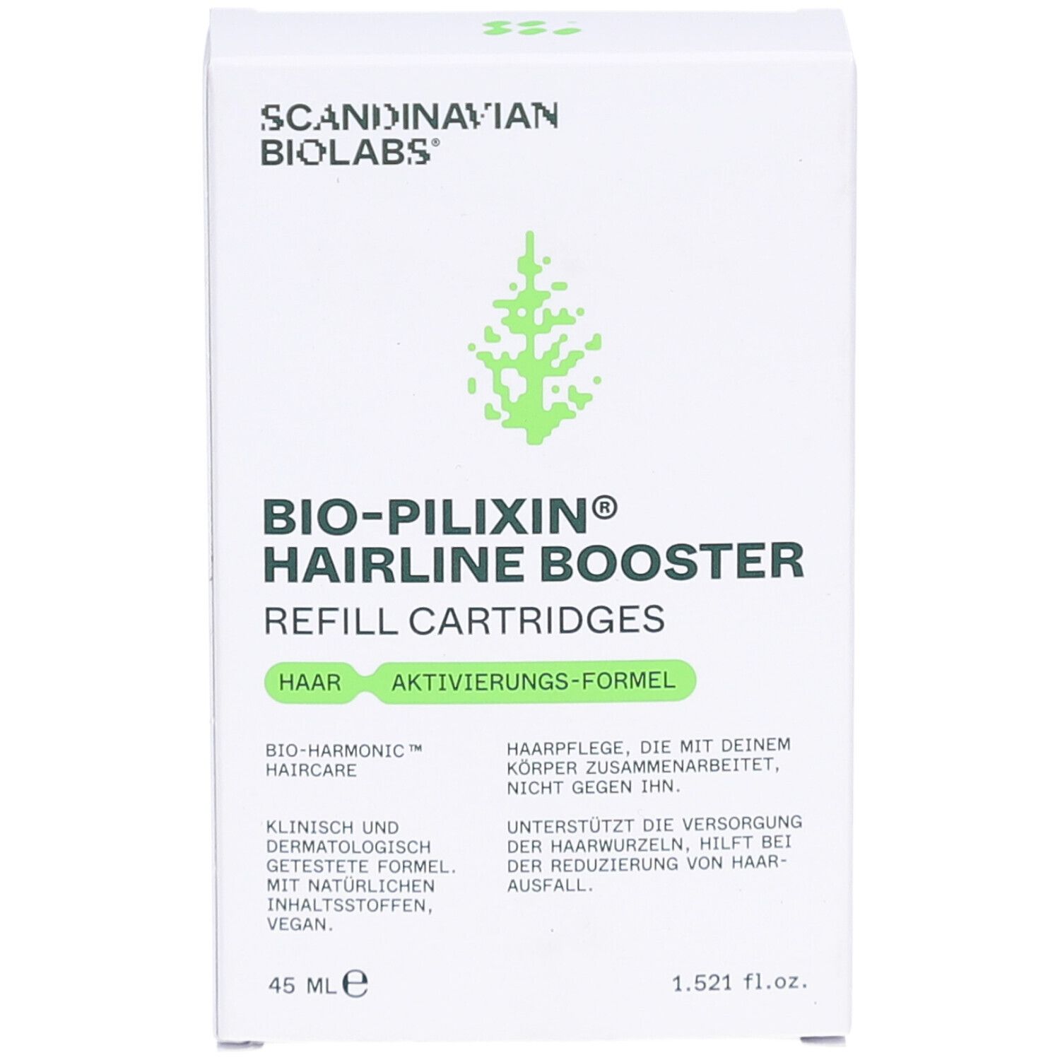 Weißer Karton mit Produktnamen BIO-PILIXIN Hairline Booster. Enthält Refill Cartridges. Logo Scandinavian Biolabs. 45 ml.