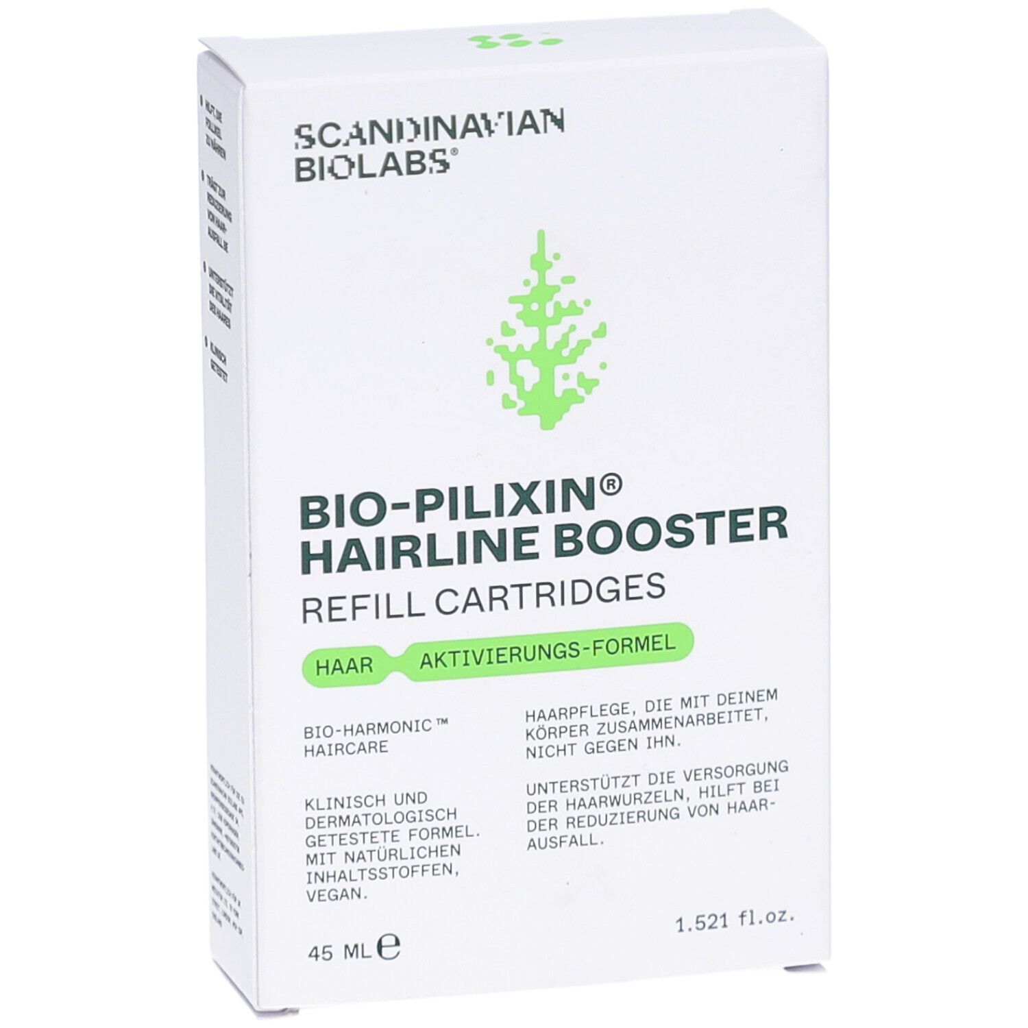 Weißer Karton mit Produktnamen BIO-PILIXIN Hairline Booster. Enthält Refill Cartridges. Logo Scandinavian Biolabs. 45 ml.