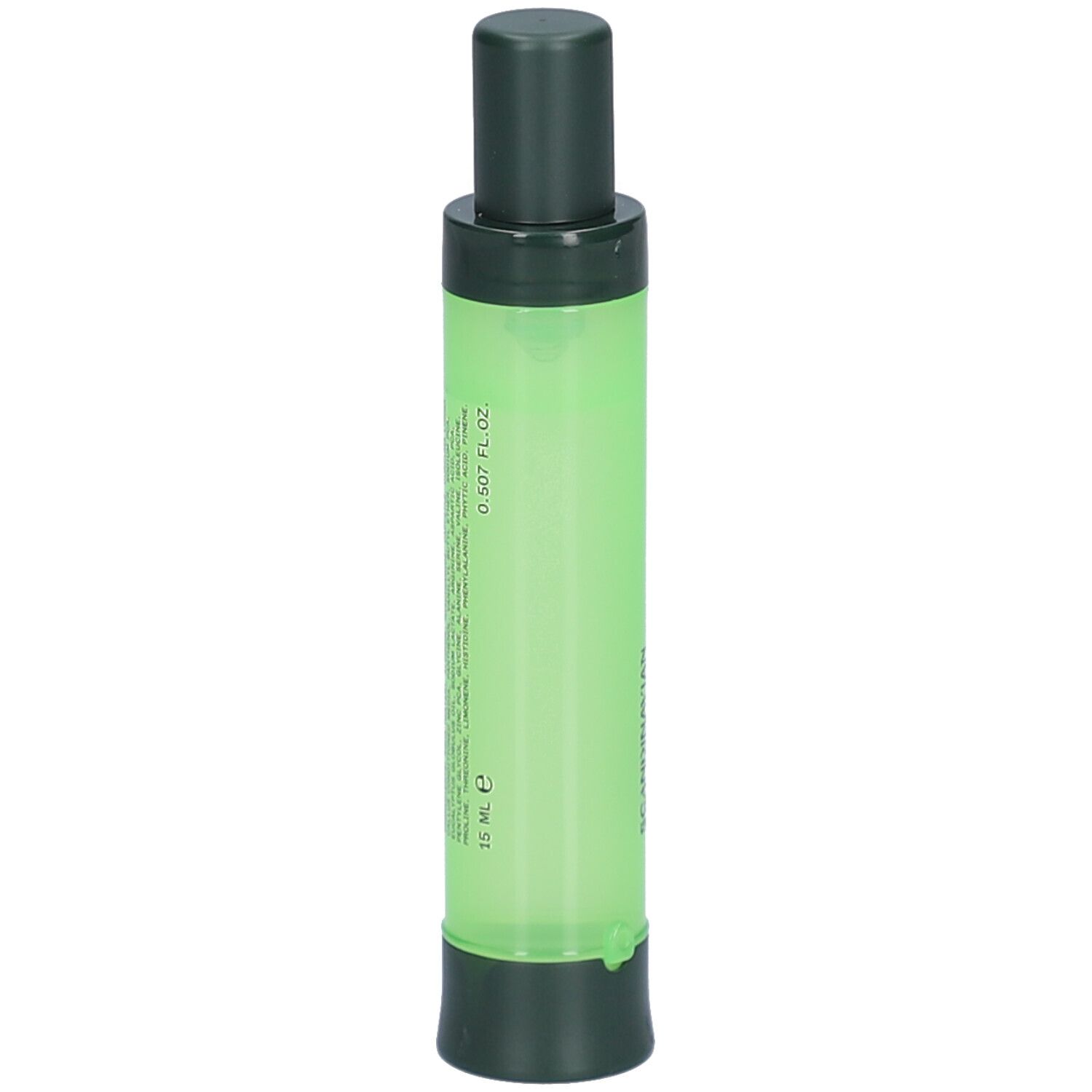 Grüne, zylindrische Flasche mit dunklem Deckel und Boden. Enthält Flüssigkeit. Beschriftung und Volumenangabe.