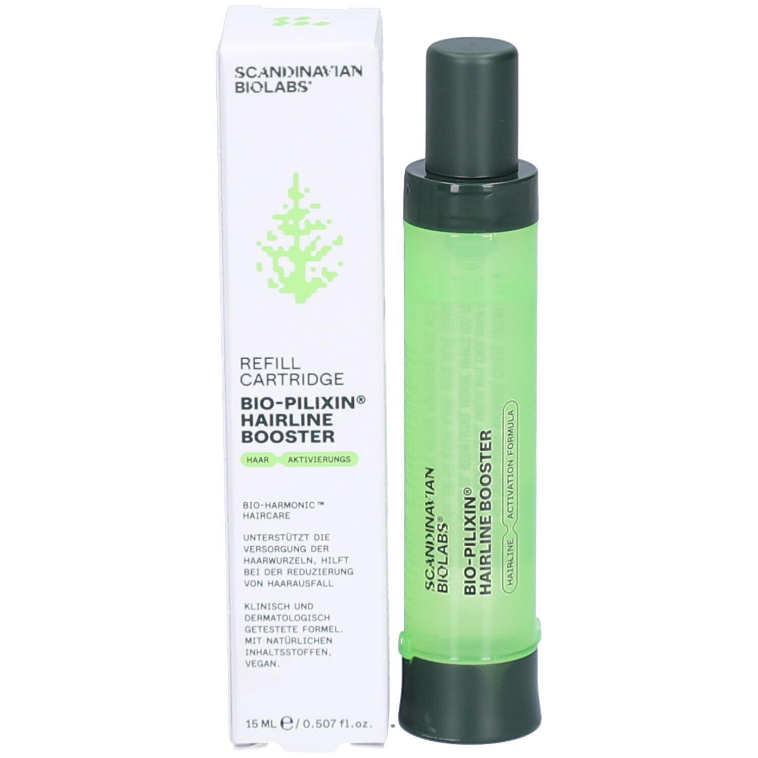 Produkt und Verpackung. Grüne Flasche mit dunklem Deckel und Boden. Weißer Karton mit Beschriftung.