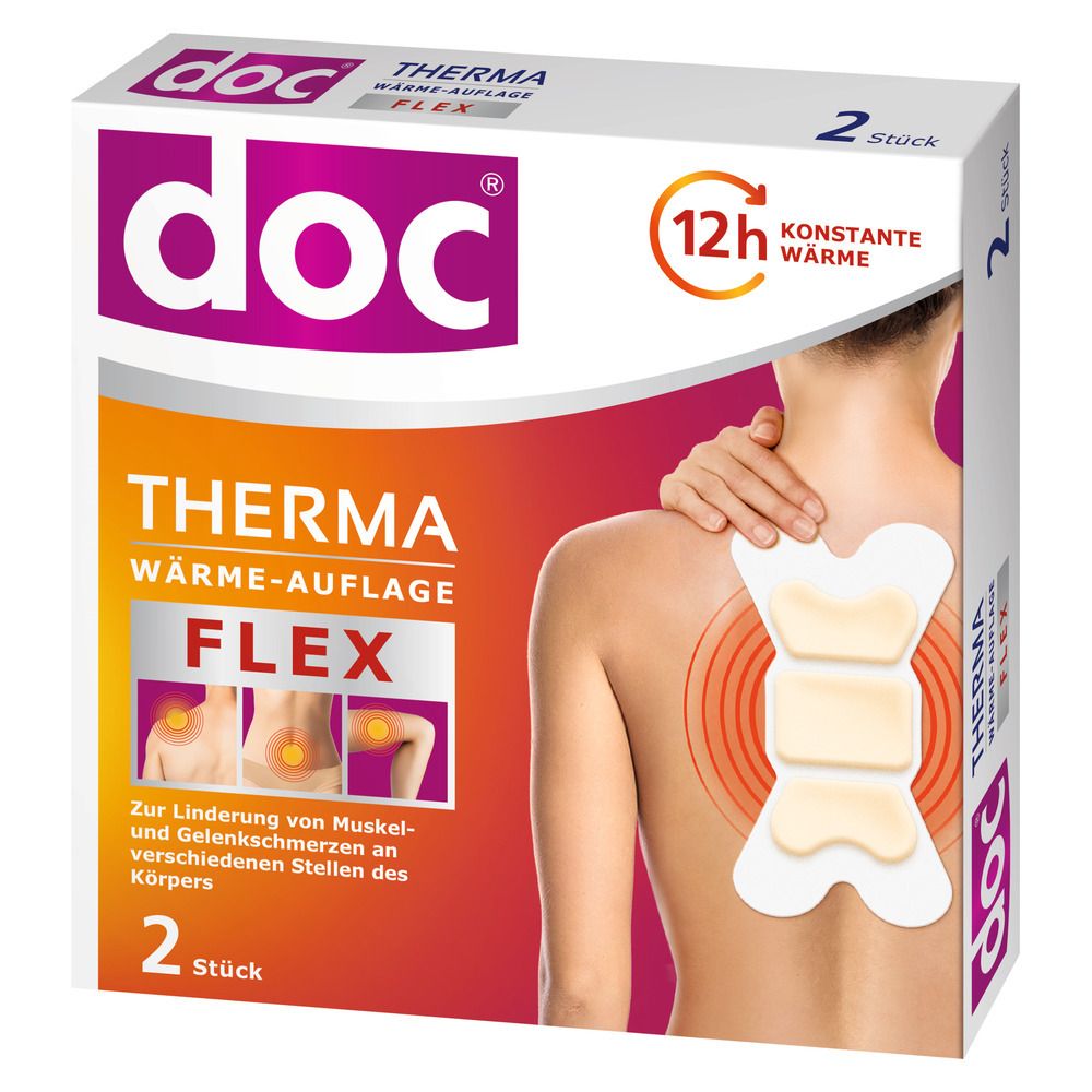 Zwei "doc THERMA FLEX" Wärmepflaster zur Linderung von Muskel- und Gelenkschmerzen. Bieten 12h konstante Wärme.