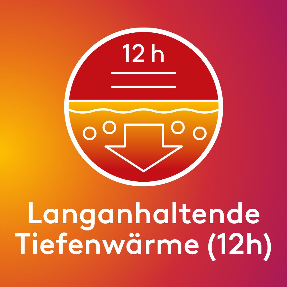 Symbol für 12h langanhaltende Tiefenwärme mit Pfeil nach unten, der Wärme in die Haut symbolisiert.