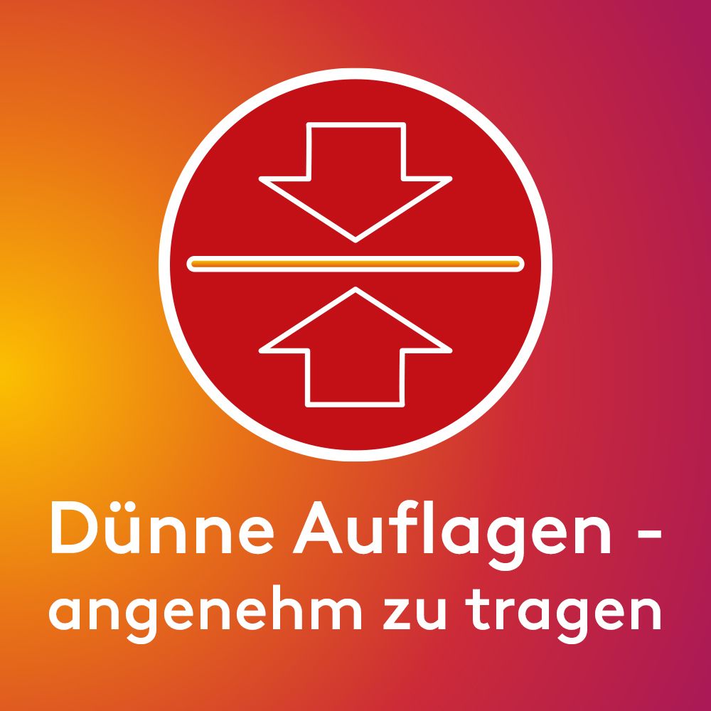 Pfeile zeigen nach unten und oben auf eine Linie, die dünne Auflagen symbolisiert. "Dünne Auflagen - angenehm zu tragen" steht darunter.