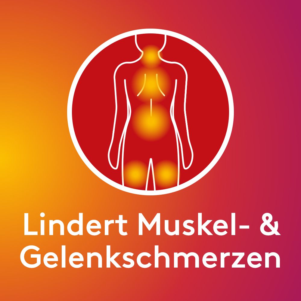 Abbildung eines menschlichen Körpers mit schmerzenden Stellen im Nacken, Rücken und unteren Körperbereich.
