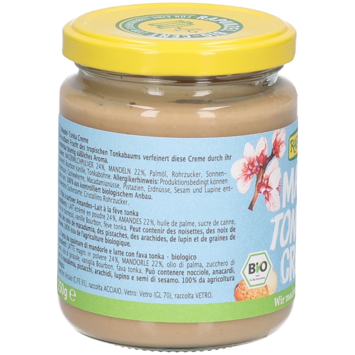 Rückseite des Glases Rapunzel Mandel-Tonka-Creme mit Zutatenliste und Bio-Siegel.