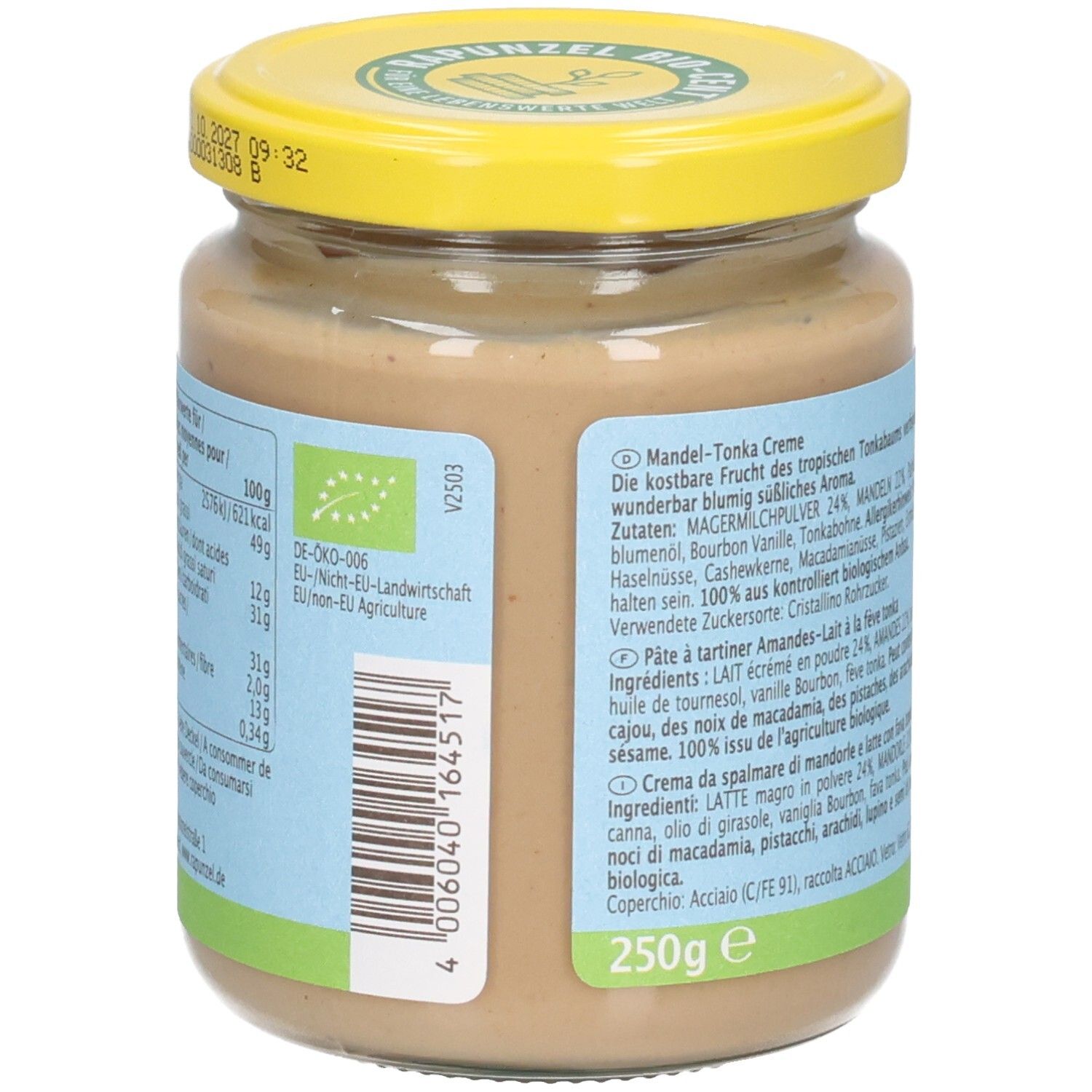 Seitenansicht des Glases Rapunzel Mandel-Tonka-Creme mit Nährwertangaben und Barcode.
