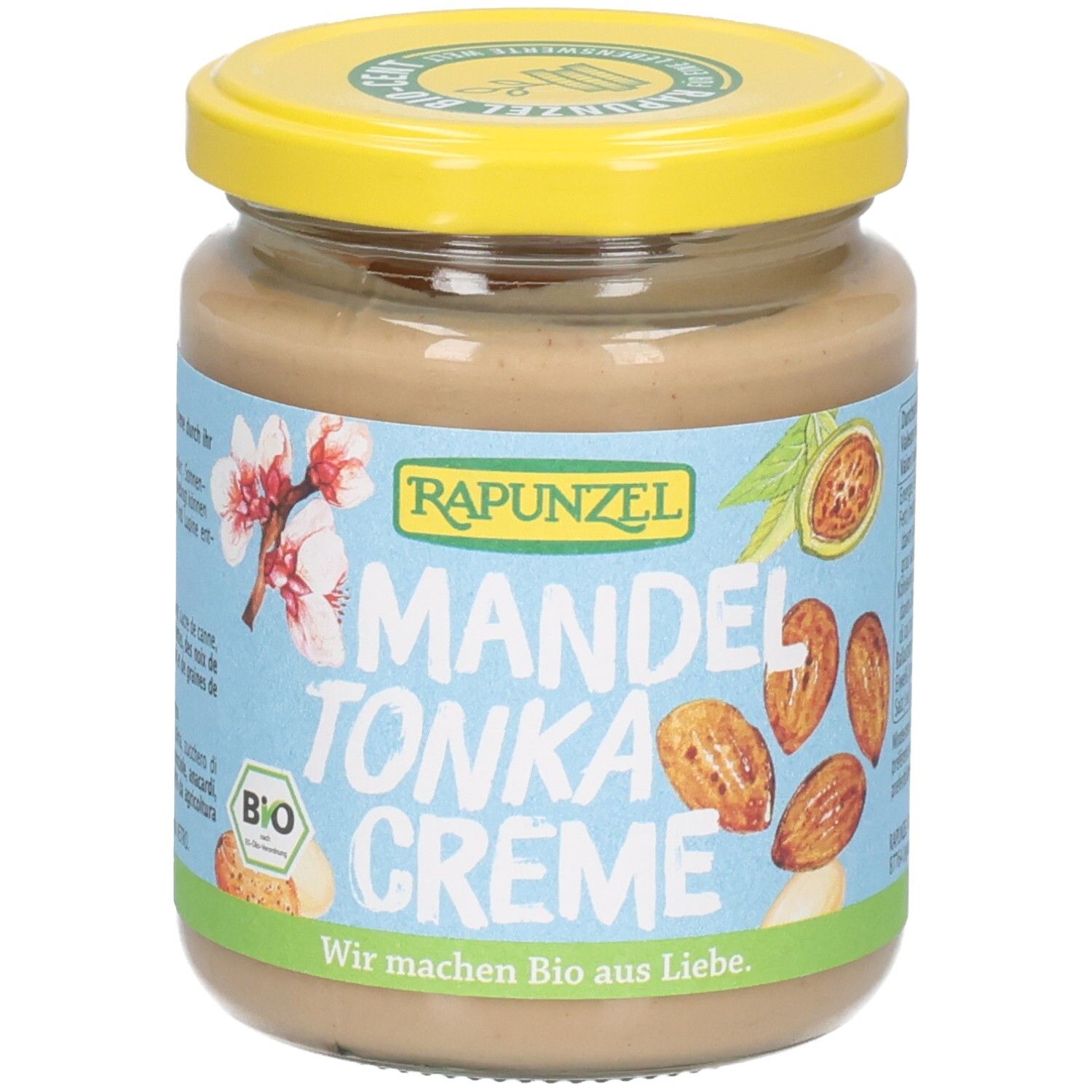 Rapunzel Mandel-Tonka-Creme im Glas, gelber Deckel, blaues Etikett mit Mandeln und Blüten.