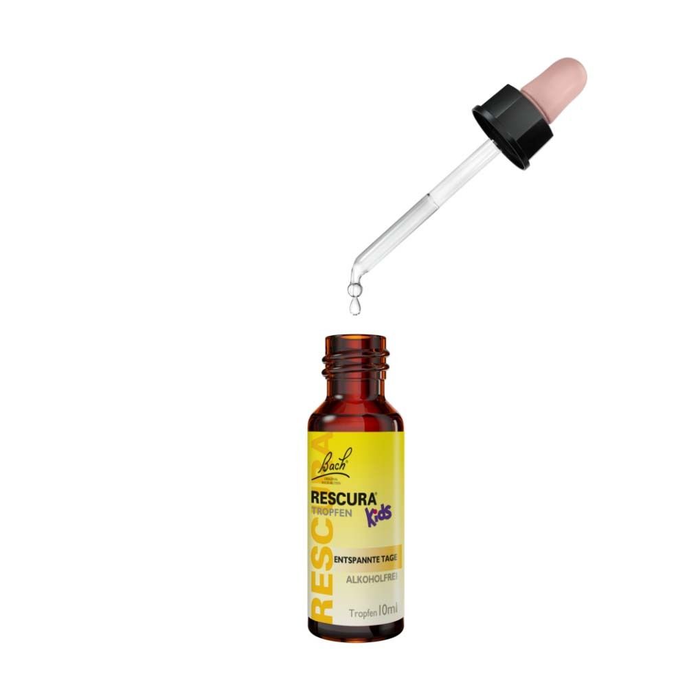 Tropfer mit Tropfen über einer offenen Flasche RESCURA Kids Tropfen.