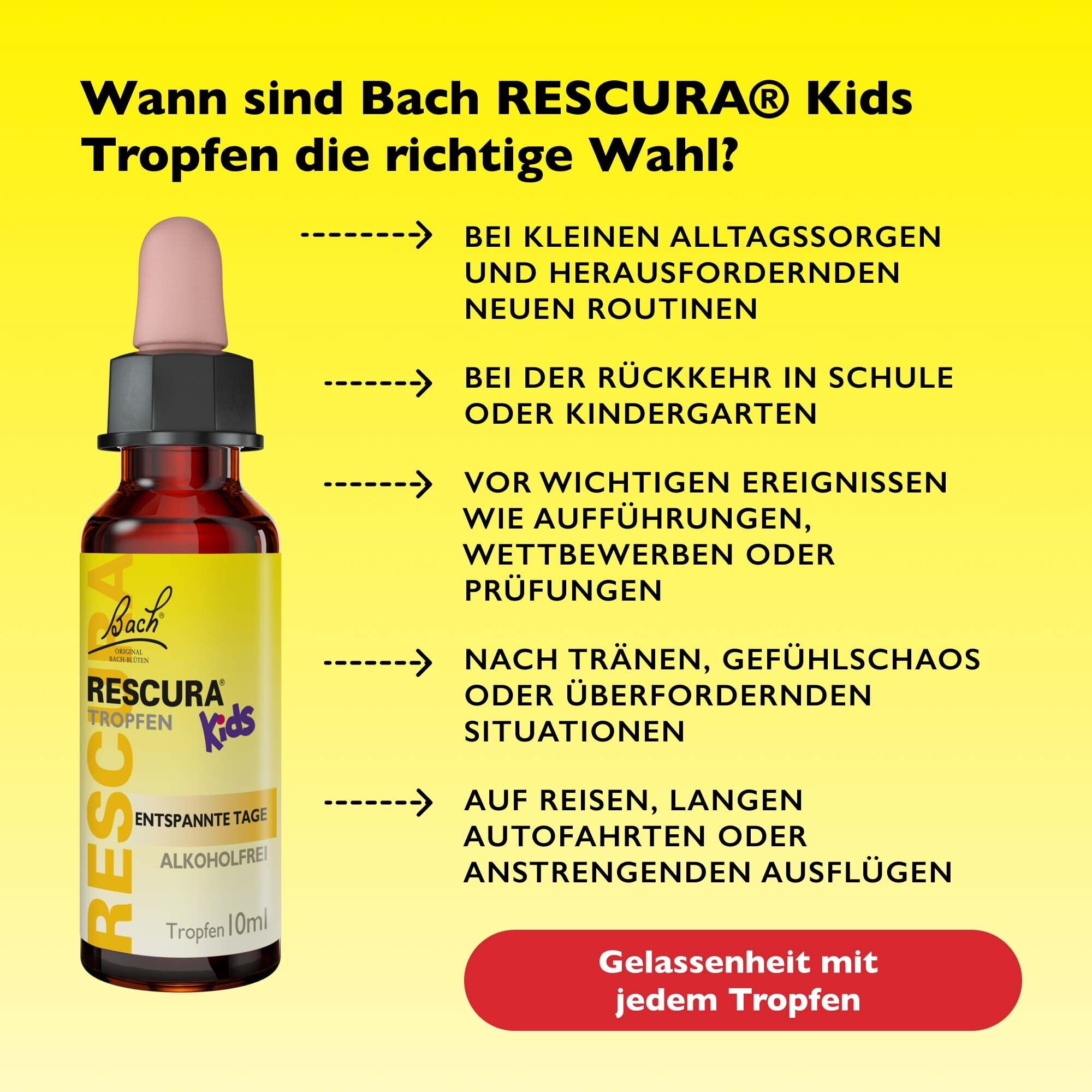 Flasche RESCURA Kids Tropfen neben einer Liste von Anwendungssituationen.
