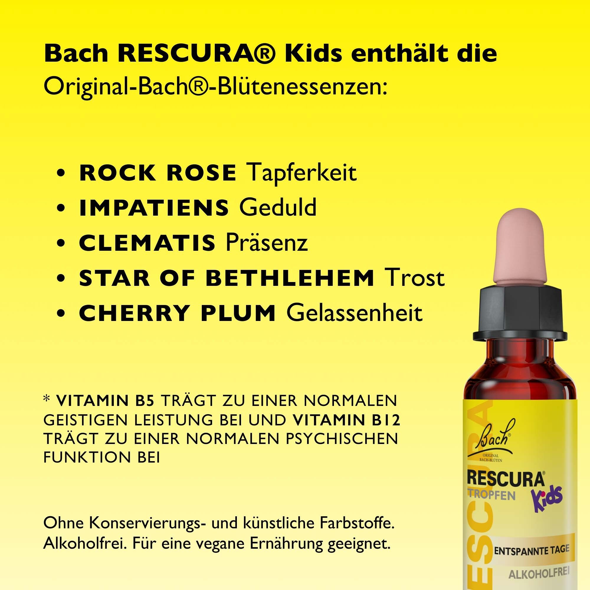 Flasche RESCURA Kids Tropfen mit Liste der Bach-Blütenessenzen und Vitamine.
