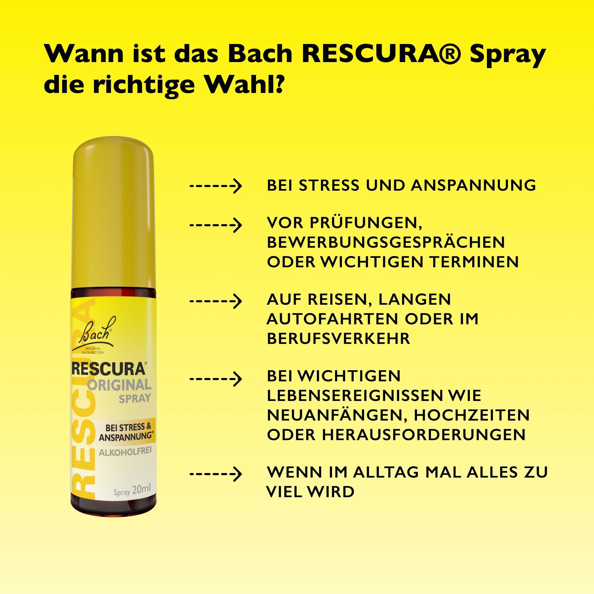 Original Bach RESCURA Spray Flasche neben einer Liste von Anwendungsfällen.