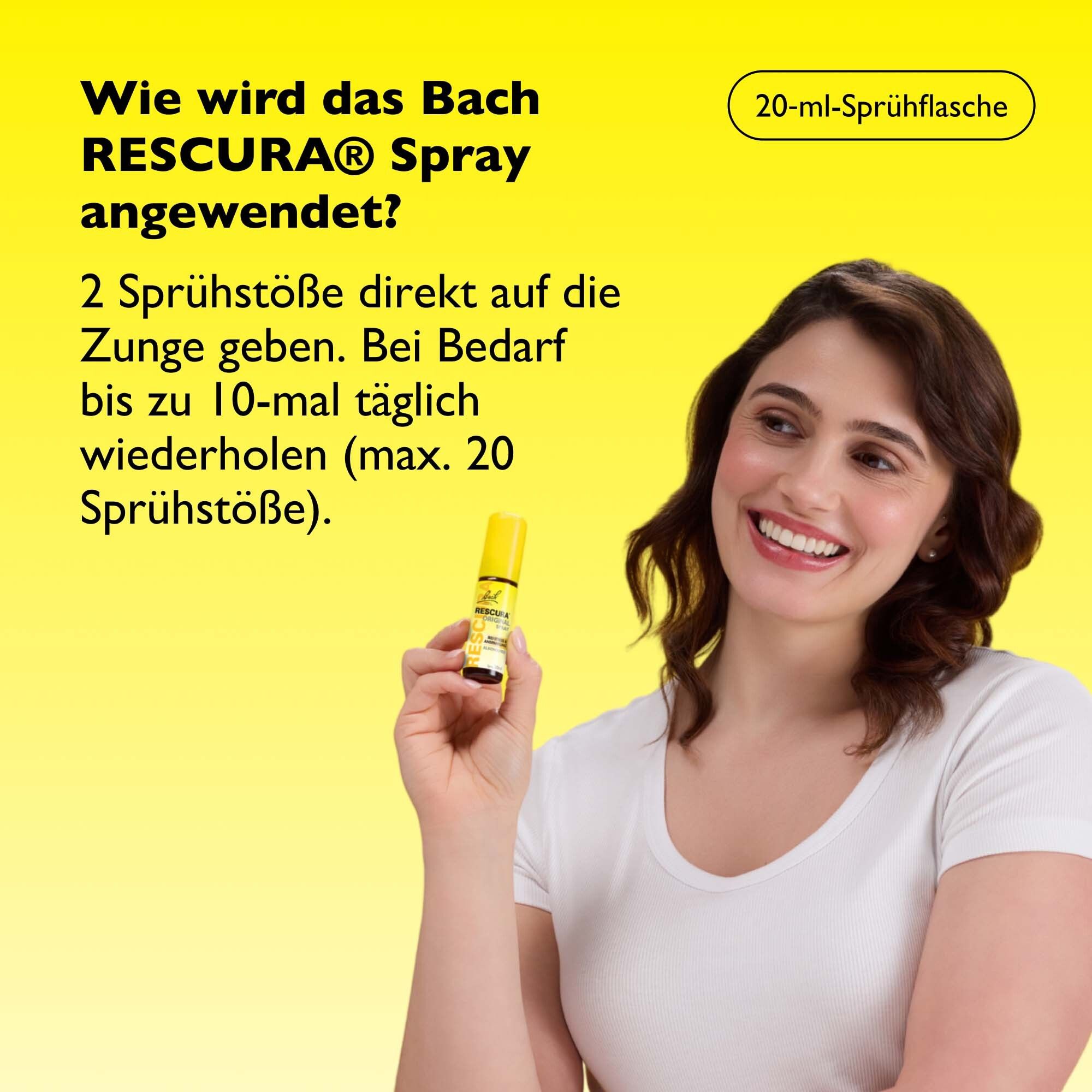 Frau hält Original Bach RESCURA Spray Flasche, Anwendungshinweise.