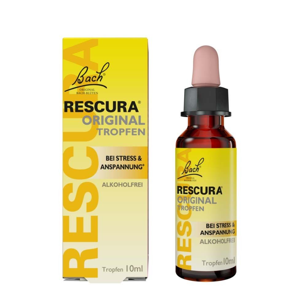 Braune Tropfenflasche und gelbe Schachtel. Beschriftung: RESCURA ORIGINAL Tropfen, alkoholfrei. Mit Pipette.
