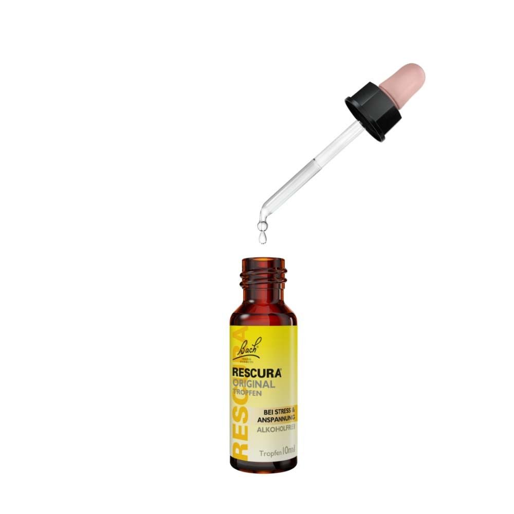 Braune Tropfenflasche mit Pipette. Tropfen fallen in die Flasche. Beschriftung: RESCURA ORIGINAL Tropfen.