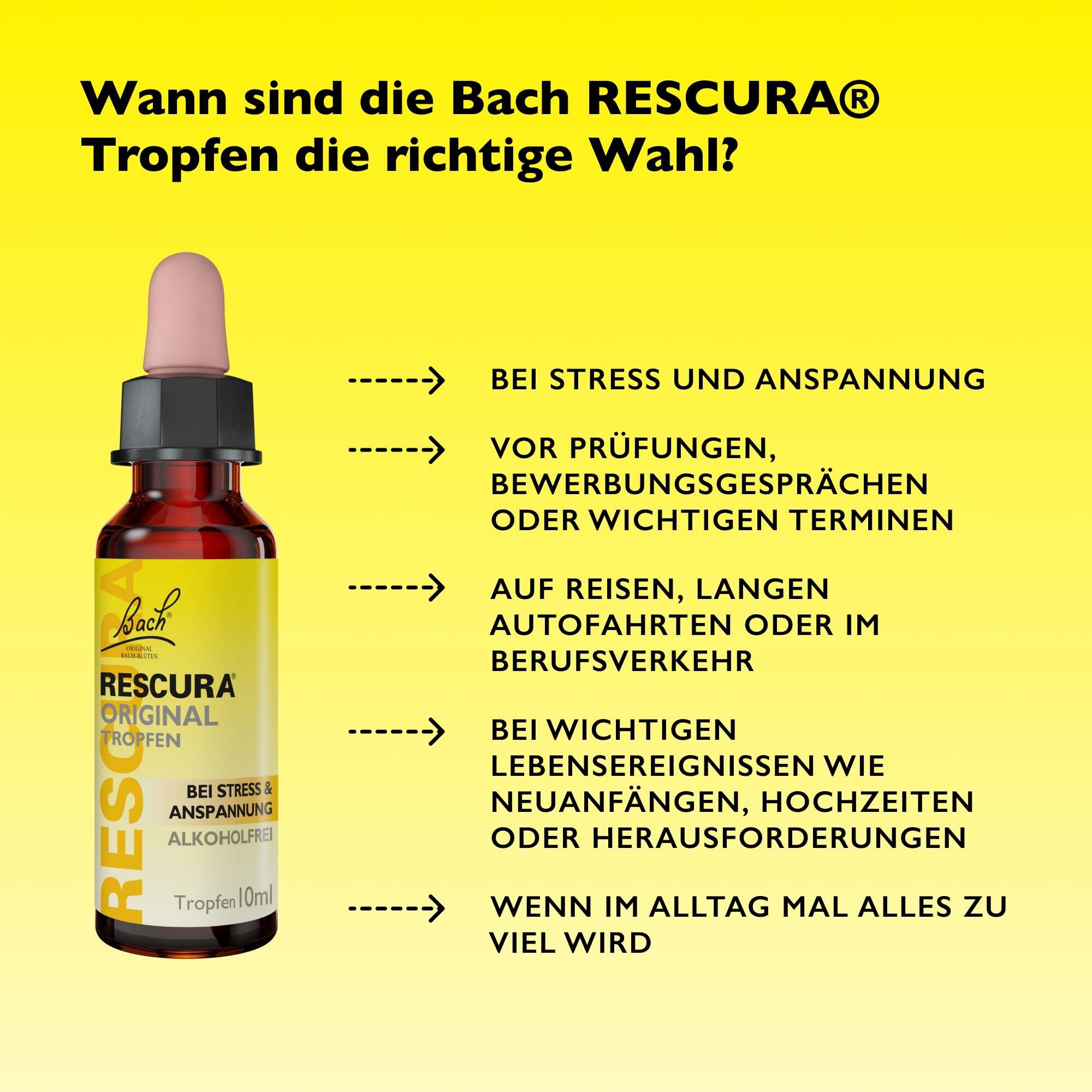 Braune Tropfenflasche mit Pipette. Text: Wann sind die Bach RESCURA Tropfen die richtige Wahl? Text in Deutsch.