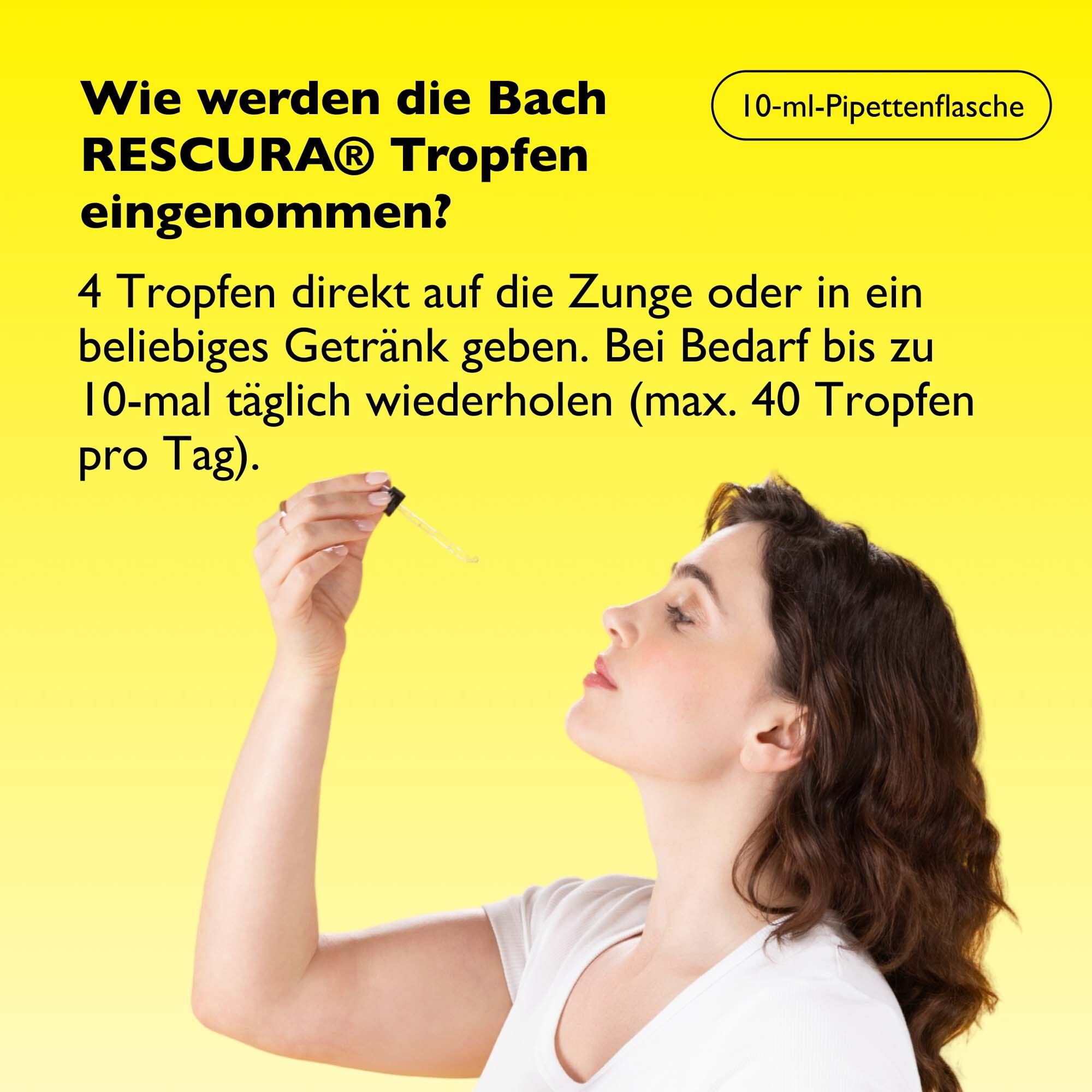 Frau hält Pipette über Tropfenflasche. Text: Wie werden die Bach RESCURA Tropfen eingenommen? Text in Deutsch.