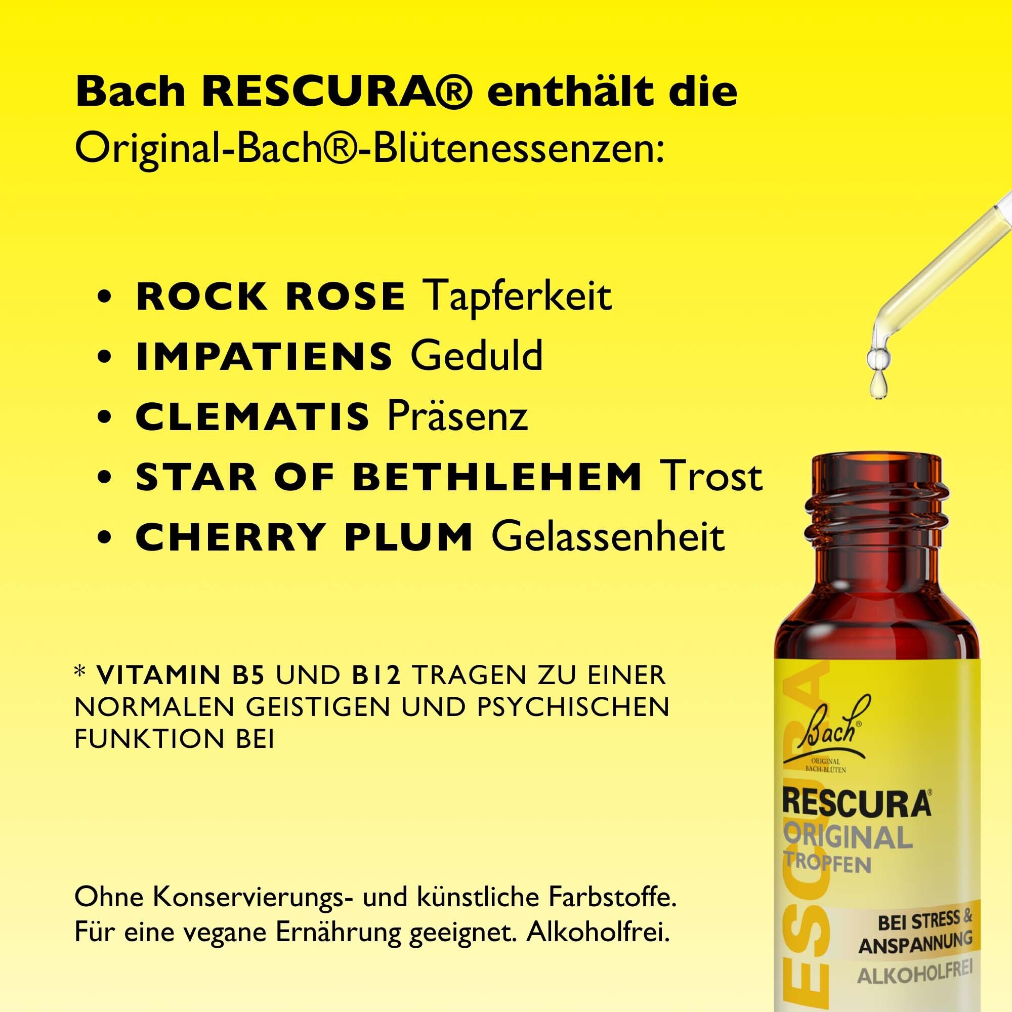 Braune Tropfenflasche mit Pipette. Text: Bach RESCURA enthält die Original-Bach-Blütenessenzen. Text in Deutsch.