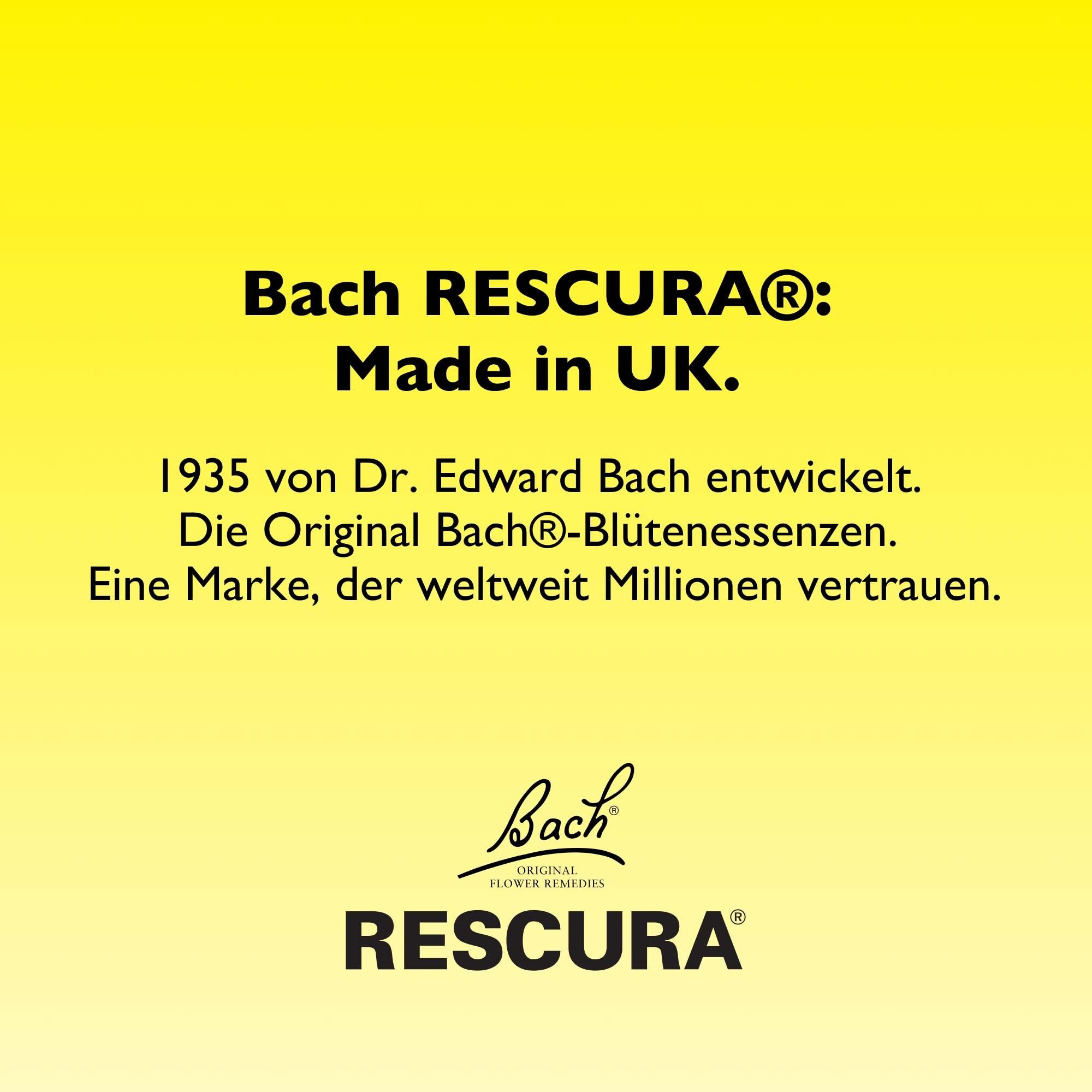 Gelber Hintergrund mit Text. Text: Bach RESCURA: Made in UK. Text in deutscher Sprache.