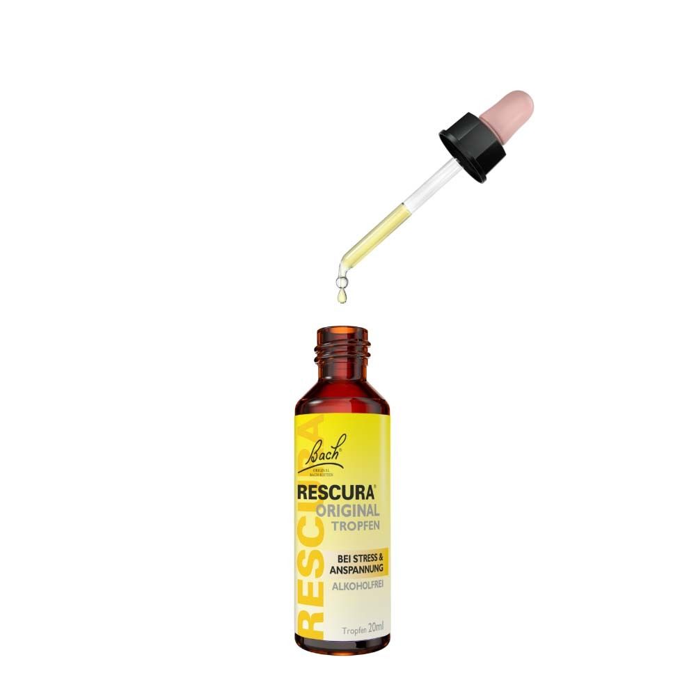 Braune Flasche mit Tropfer. Tropfen fallen in die Flasche. Text: RESCURA, Original Tropfen, bei Stress & Anspannung, alkoholfrei.