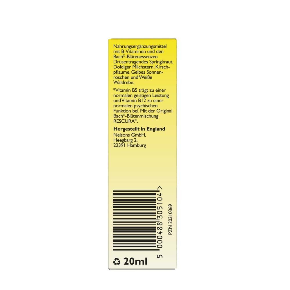 Verpackung. Text: Nahrungsergänzungsmittel mit B-Vitaminen und Bach-Blütenessenzen. 20ml. Barcode.