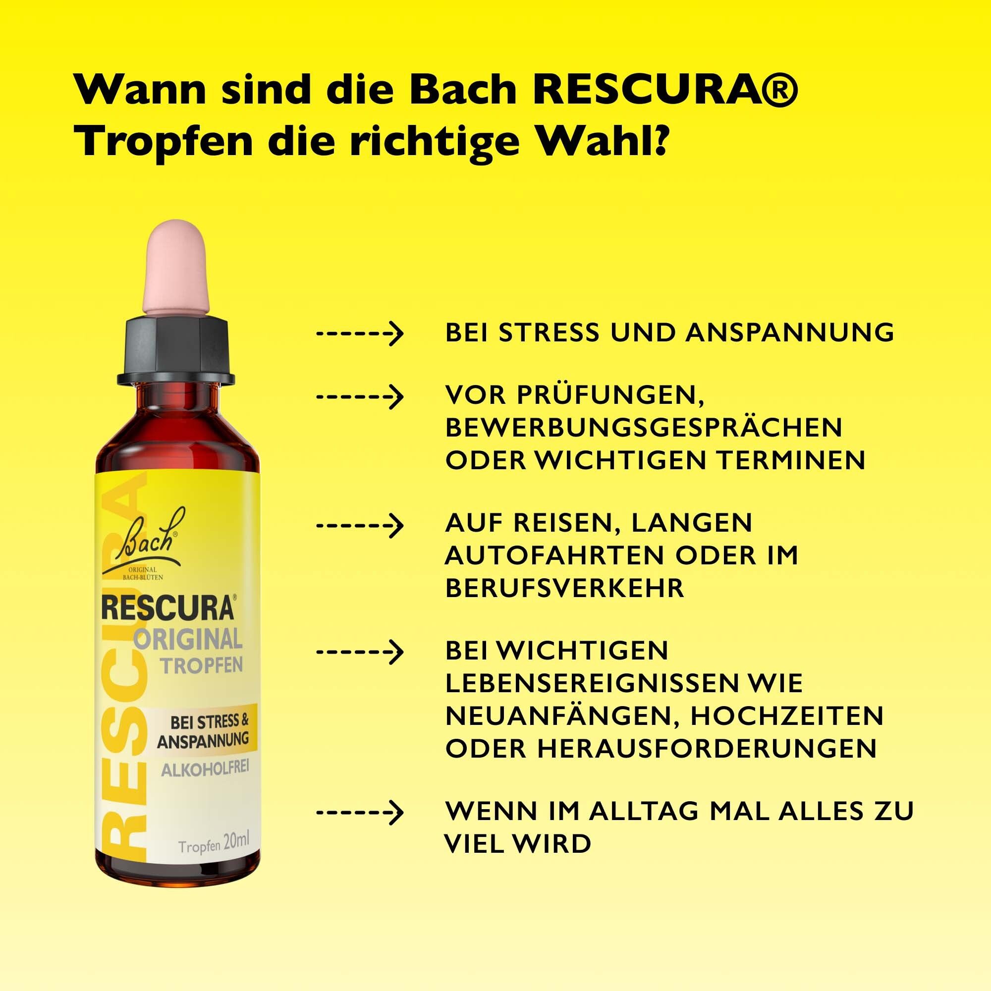 Flasche mit Tropfen. Text: Wann sind die Bach RESCURA® Tropfen die richtige Wahl? Bei Stress, Prüfungen, Reisen, etc.