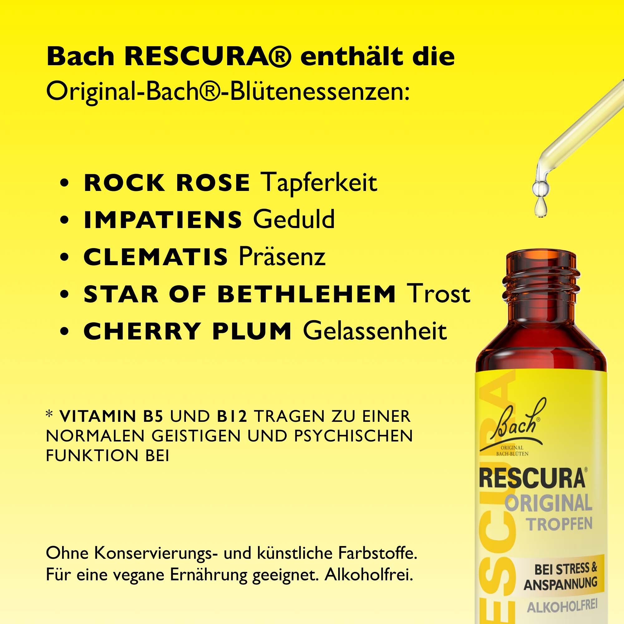 Flasche mit Tropfer. Text: Bach RESCURA® enthält die Original-Bach®-Blütenessenzen: Rock Rose, Impatiens, Clematis, etc.