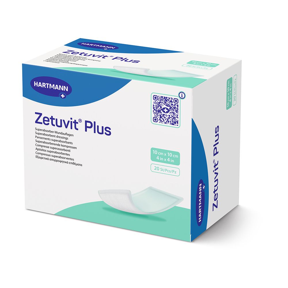 Verpackung Zetuvit Plus Superabsorber-Wundauflage, 10 x 10 cm, 20 Stück.