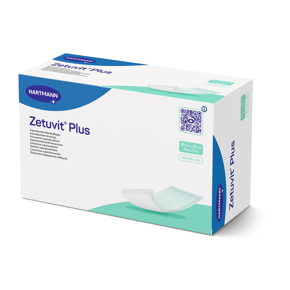 Verpackung Zetuvit® Plus Superabsorber-Wundauflage steril 10 x 20 cm. Hartmann Logo.