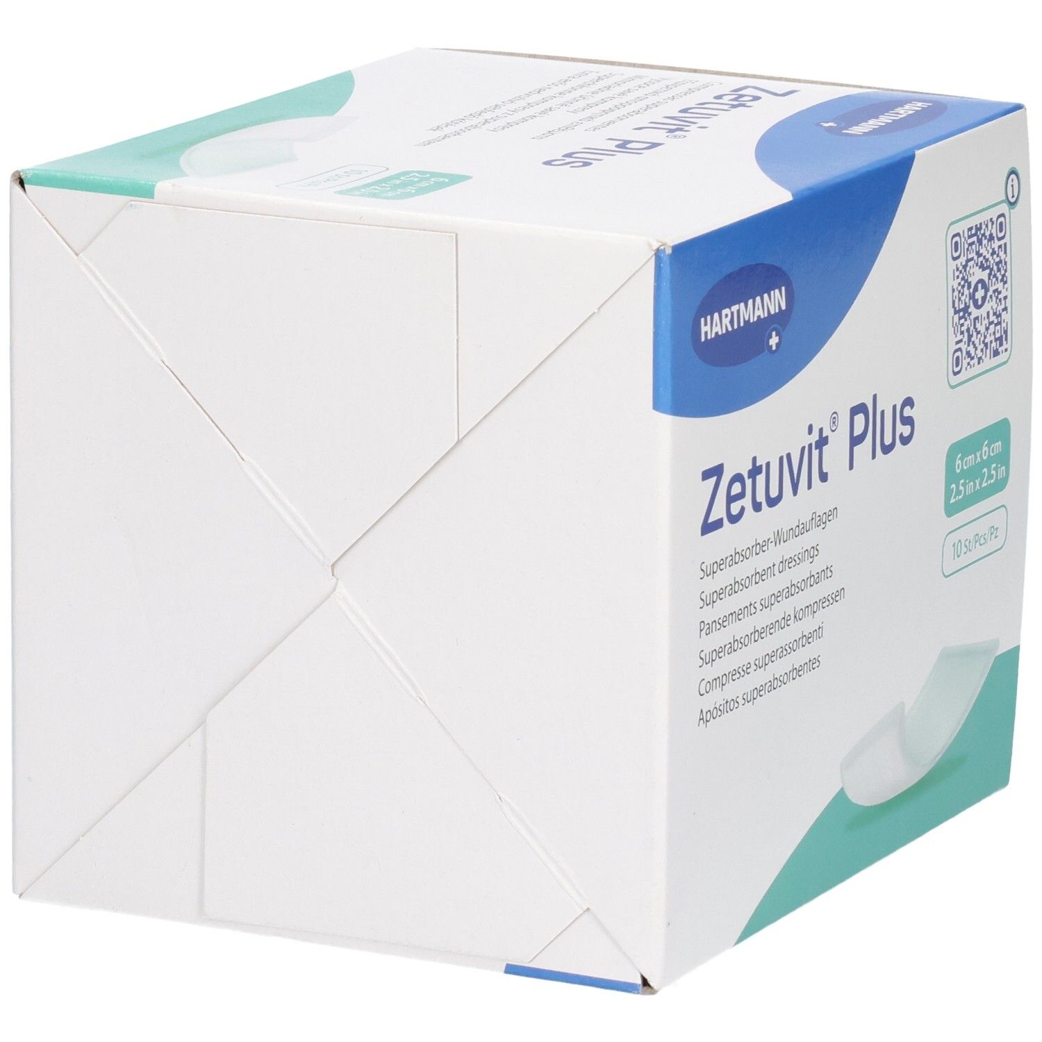 Seitenansicht der Verpackung Zetuvit Plus Superabsorber-Wundauflagen, steril, 6x6 cm.