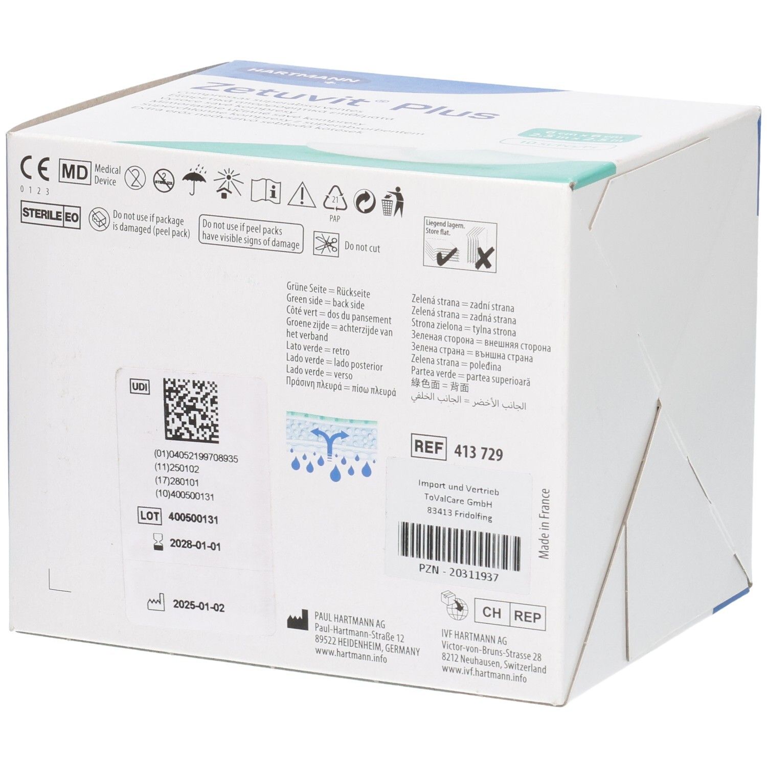 Rückseite der Verpackung Zetuvit Plus Superabsorber-Wundauflagen mit Produktinformationen und Symbolen.