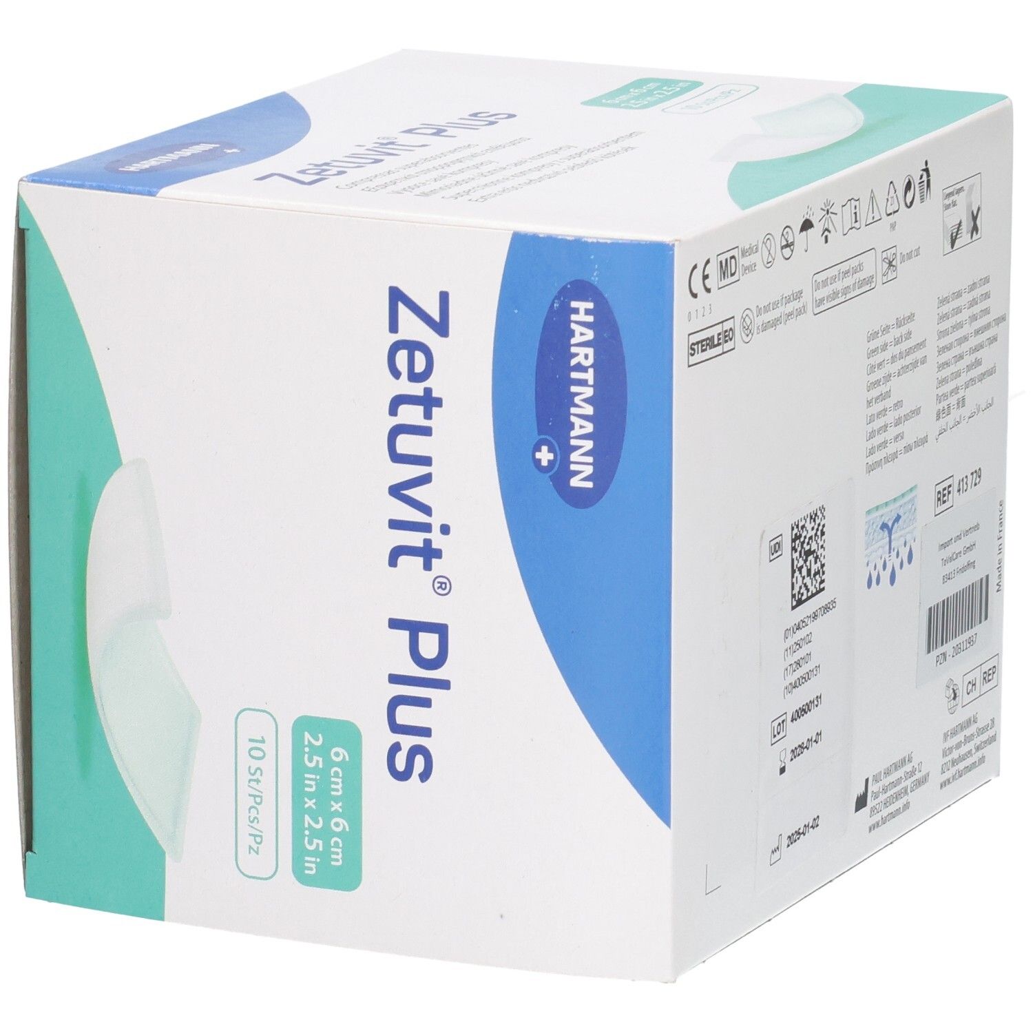 Verpackung Zetuvit Plus Superabsorber-Wundauflagen, steril, 6x6 cm, 10 Stück, mit seitlicher Ansicht.