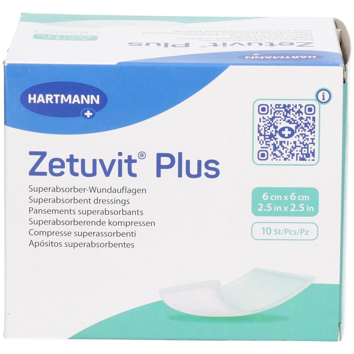 Vorderseite der Verpackung Zetuvit Plus Superabsorber-Wundauflagen, steril, 6x6 cm, 10 Stück.