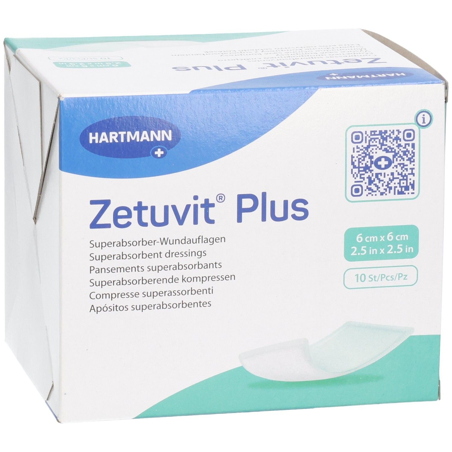 Verpackung Zetuvit Plus Superabsorber-Wundauflagen, steril, 6x6 cm, 10 Stück, mit Produktabbildung.