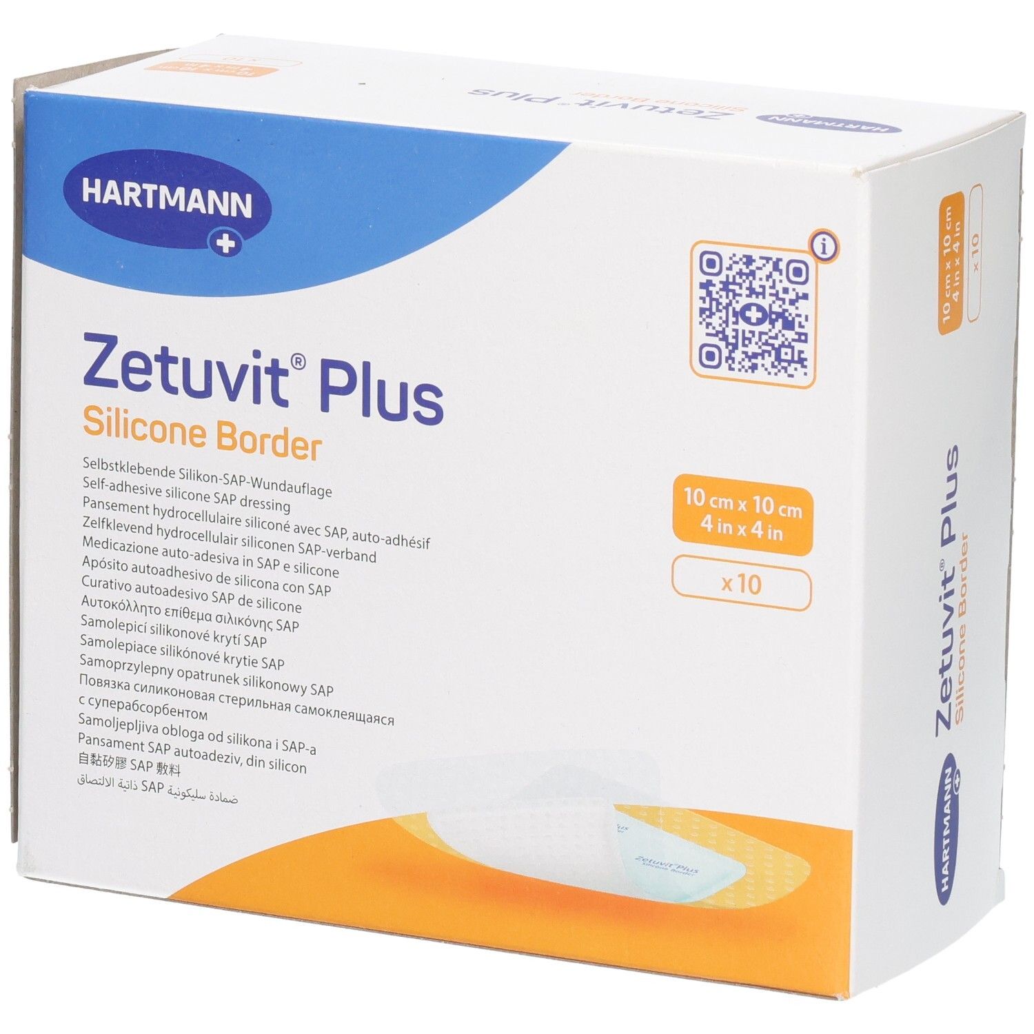 Verpackung Zetuvit Plus Silicone Border Wundauflage, 10x10 cm, 10 Stück.