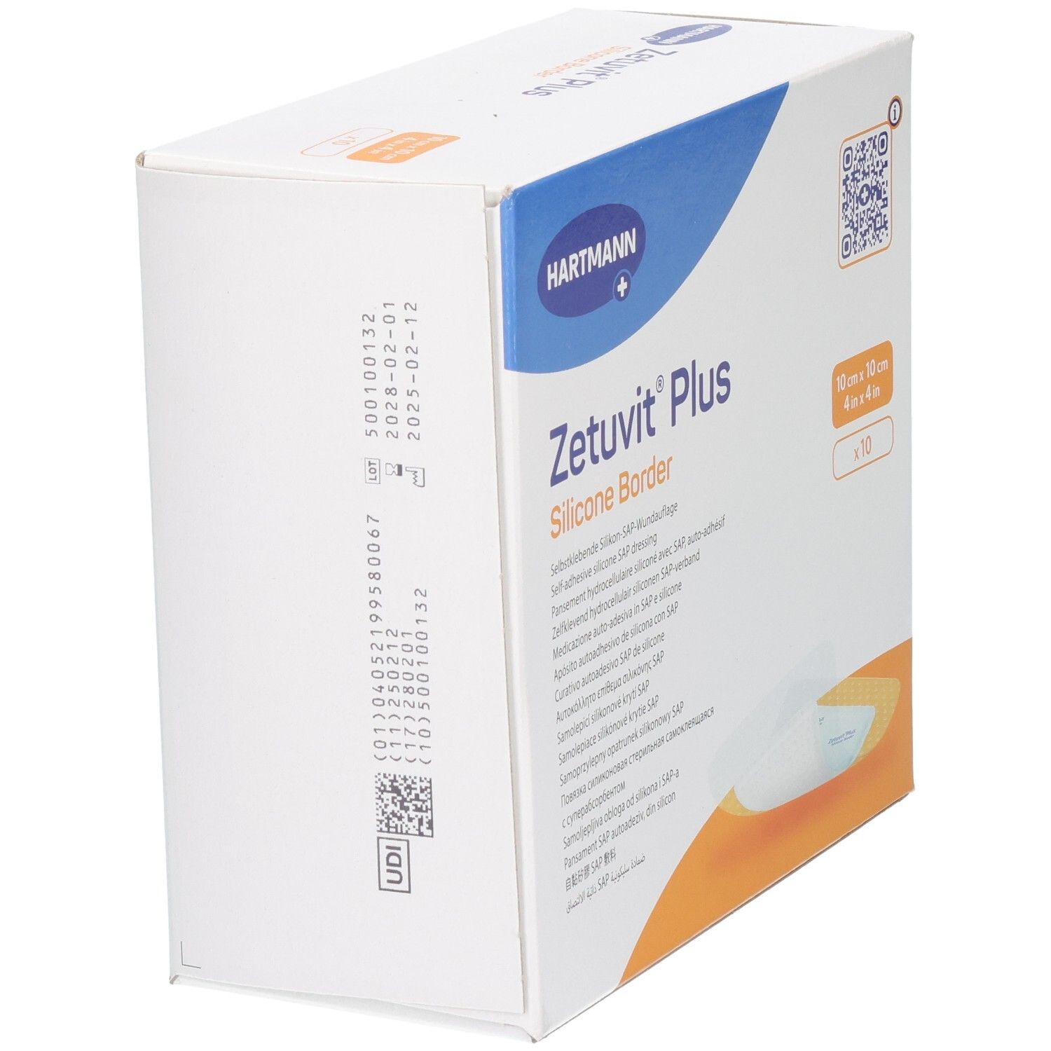Seitenansicht der Verpackung Zetuvit Plus Silicone Border Wundauflage.